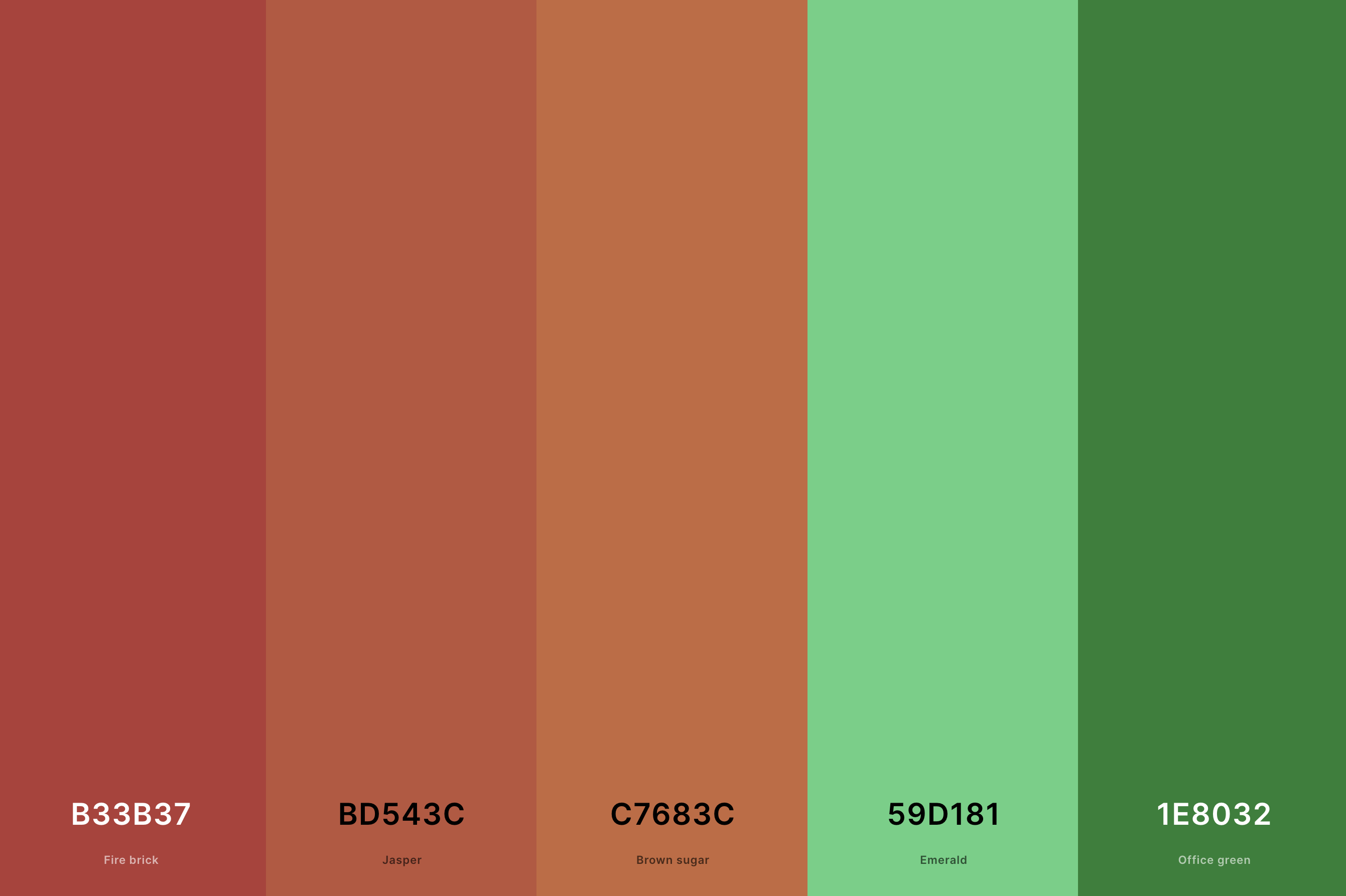 21. Terracotta And Emerald Color Palette Color Palette with Fire Brick (Hex #B33B37) + Jasper (Hex #BD543C) + Brown Sugar (Hex #C7683C) + Emerald (Hex #59D181) + Office Green (Hex #1E8032) Color Palette with Hex Codes