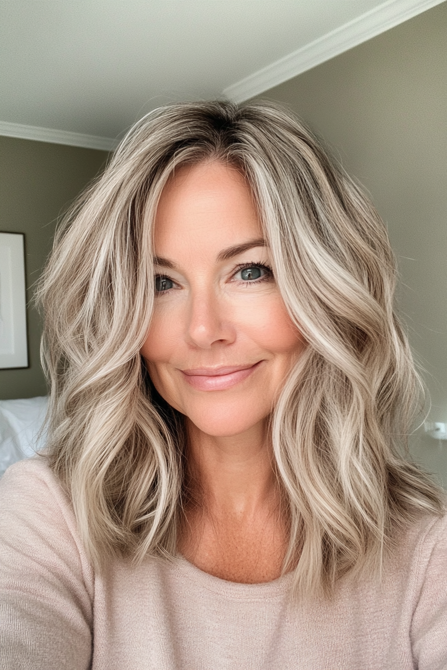 21. Textured Sandy Lob with Gentle Waves (Hairstyles For Women Over 40 With Fine Hair) - Hairstyles For Women Over 40 With Fine Hair