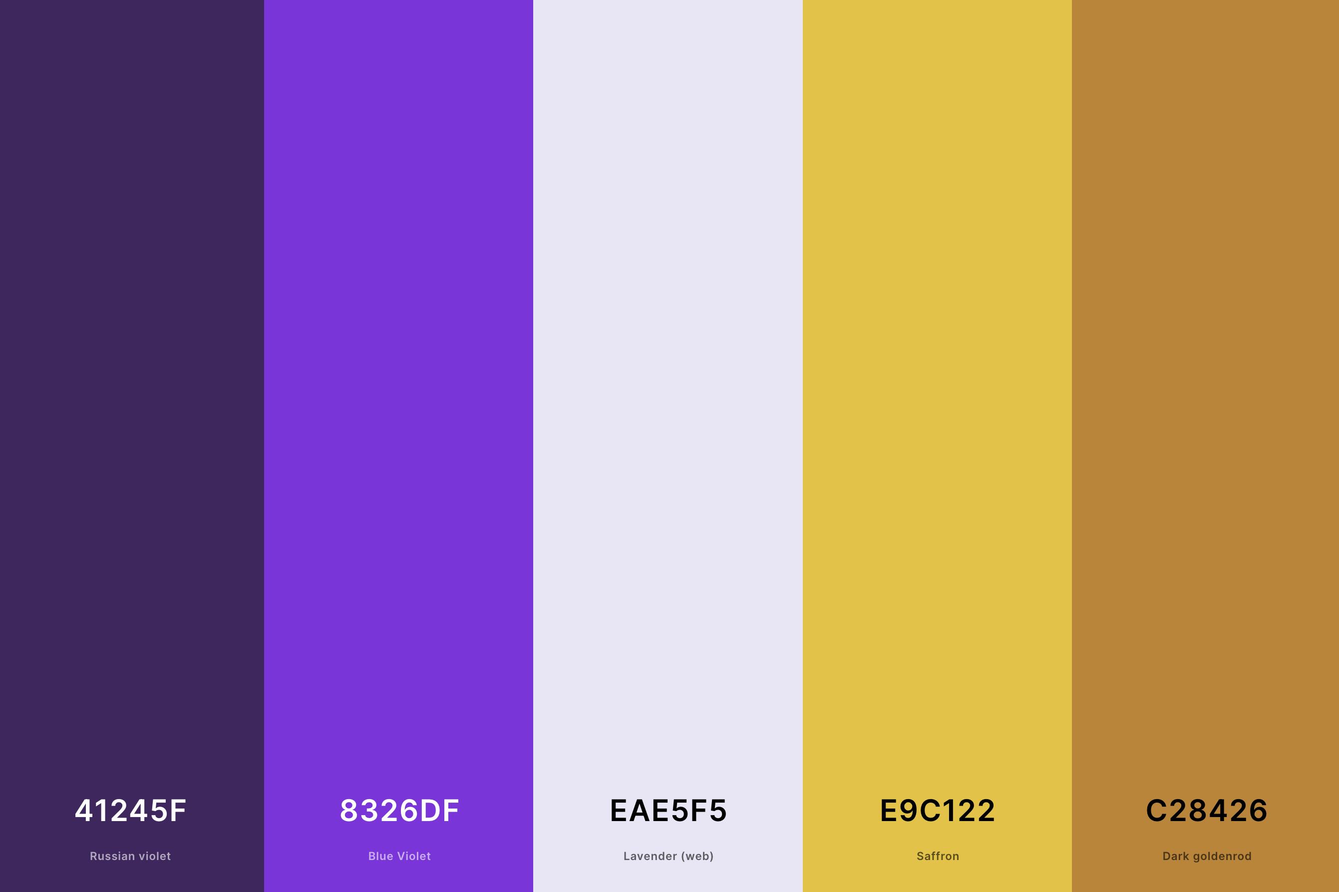 21. Violet And Gold Color Palette Color Palette with Russian Violet (Hex #41245F) + Blue Violet (Hex #8326DF) + Lavender (Web) (Hex #EAE5F5) + Saffron (Hex #E9C122) + Dark Goldenrod (Hex #C28426) Color Palette with Hex Codes