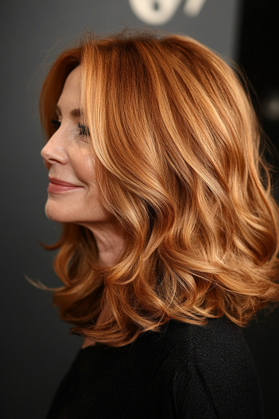 21. Wavy Lob with Subtle Rose Gold Balayage (Shoulder Length Hairstyles For Women Over 50) - Shoulder Length Hairstyles For Women Over 50