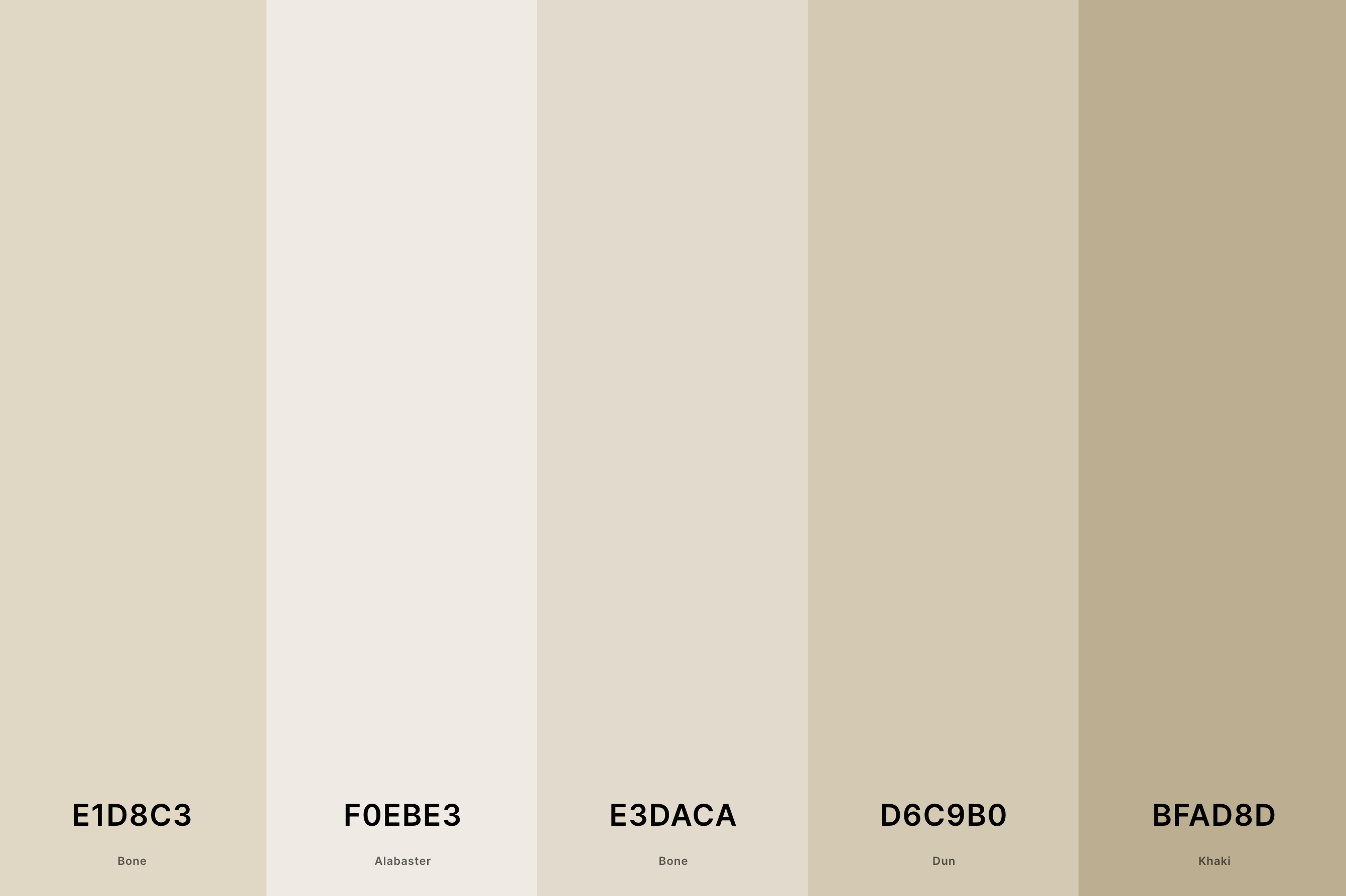 22. Aesthetic Beige Color Palette Color Palette with Bone (Hex #E1D8C3) + Alabaster (Hex #F0EBE3) + Bone (Hex #E3DACA) + Dun (Hex #D6C9B0) + Khaki (Hex #BFAD8D) Color Palette with Hex Codes