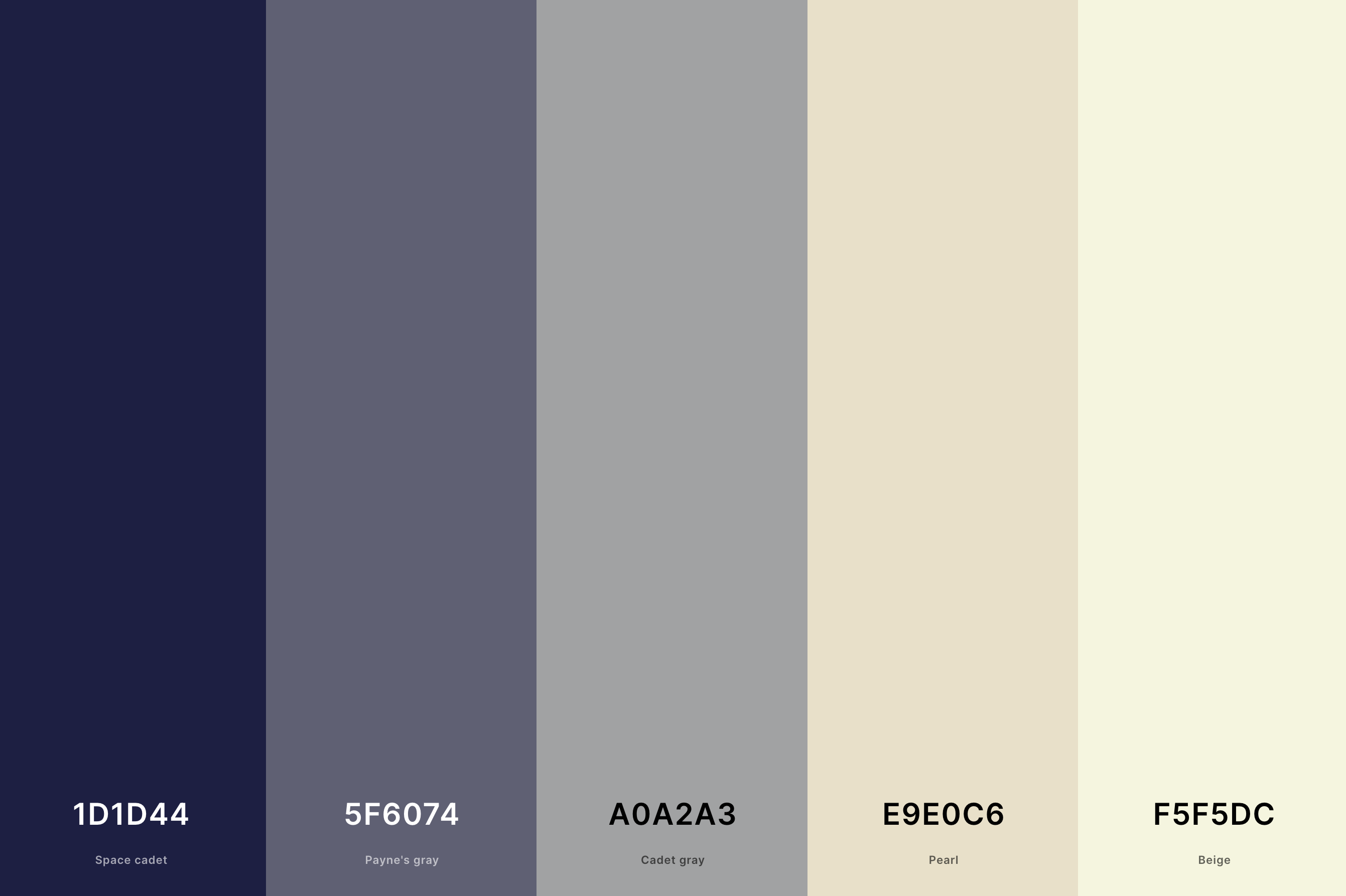 22. Beige and Navy Color Palette Color Palette with Space Cadet (Hex #1D1D44) + Payne'S Gray (Hex #5F6074) + Cadet Gray (Hex #A0A2A3) + Pearl (Hex #E9E0C6) + Beige (Hex #F5F5DC) Color Palette with Hex Codes