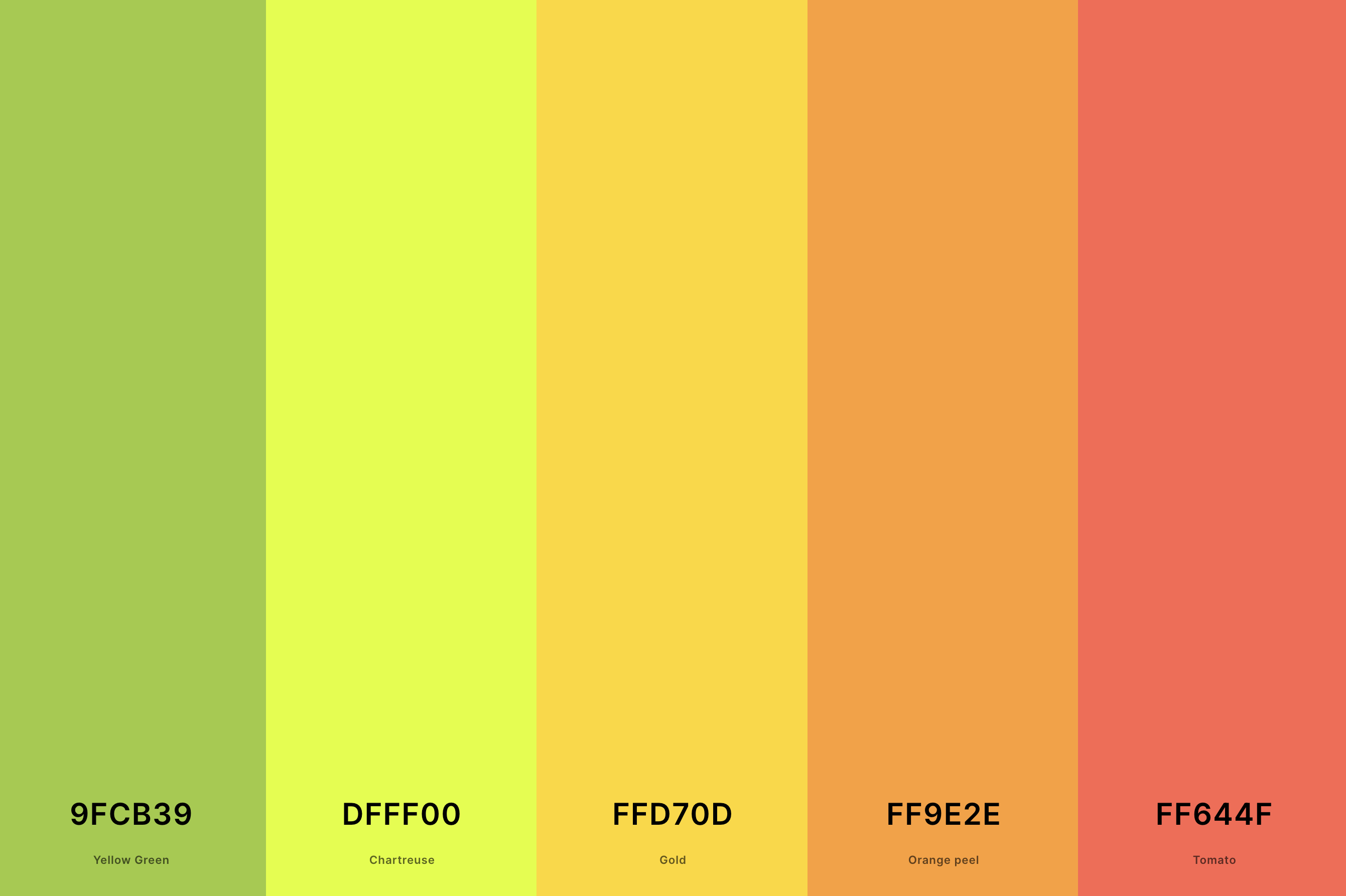 22. Chartreuse And Coral Color Palettes Color Palette with Yellow Green (Hex #9FCB39) + Chartreuse (Hex #DFFF00) + Gold (Hex #FFD70D) + Orange Peel (Hex #FF9E2E) + Tomato (Hex #FF644F) Color Palette with Hex Codes
