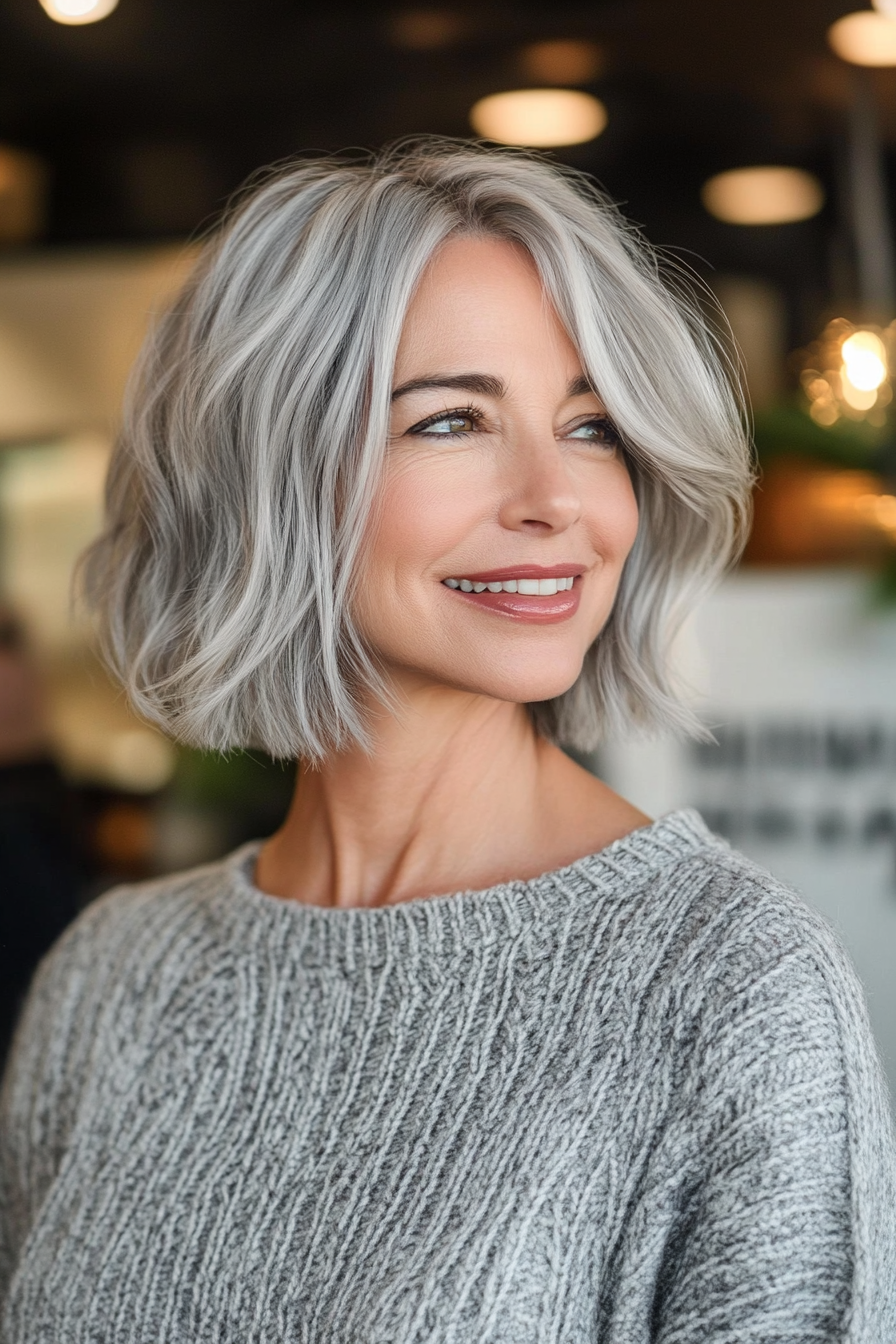 22. Chin-Length Wavy Bob in Silver Frost (Modern Hairstyles For Women Over 50) - Modern Hairstyles For Women Over 50