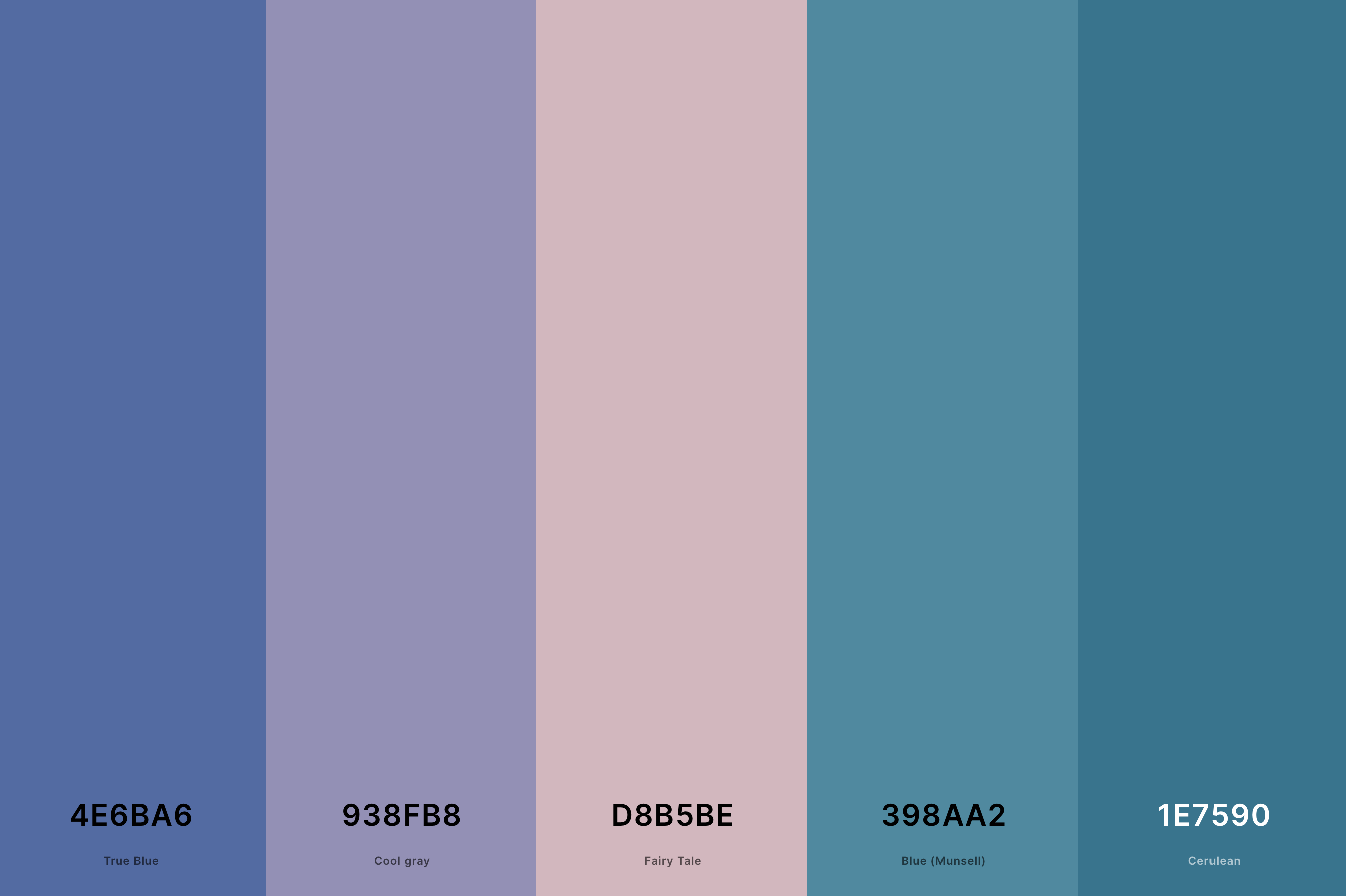 22. Dark Pastel Color Palette Color Palette with True Blue (Hex #4E6BA6) + Cool Gray (Hex #938FB8) + Fairy Tale (Hex #D8B5BE) + Blue (Munsell) (Hex #398AA2) + Cerulean (Hex #1E7590) Color Palette with Hex Codes