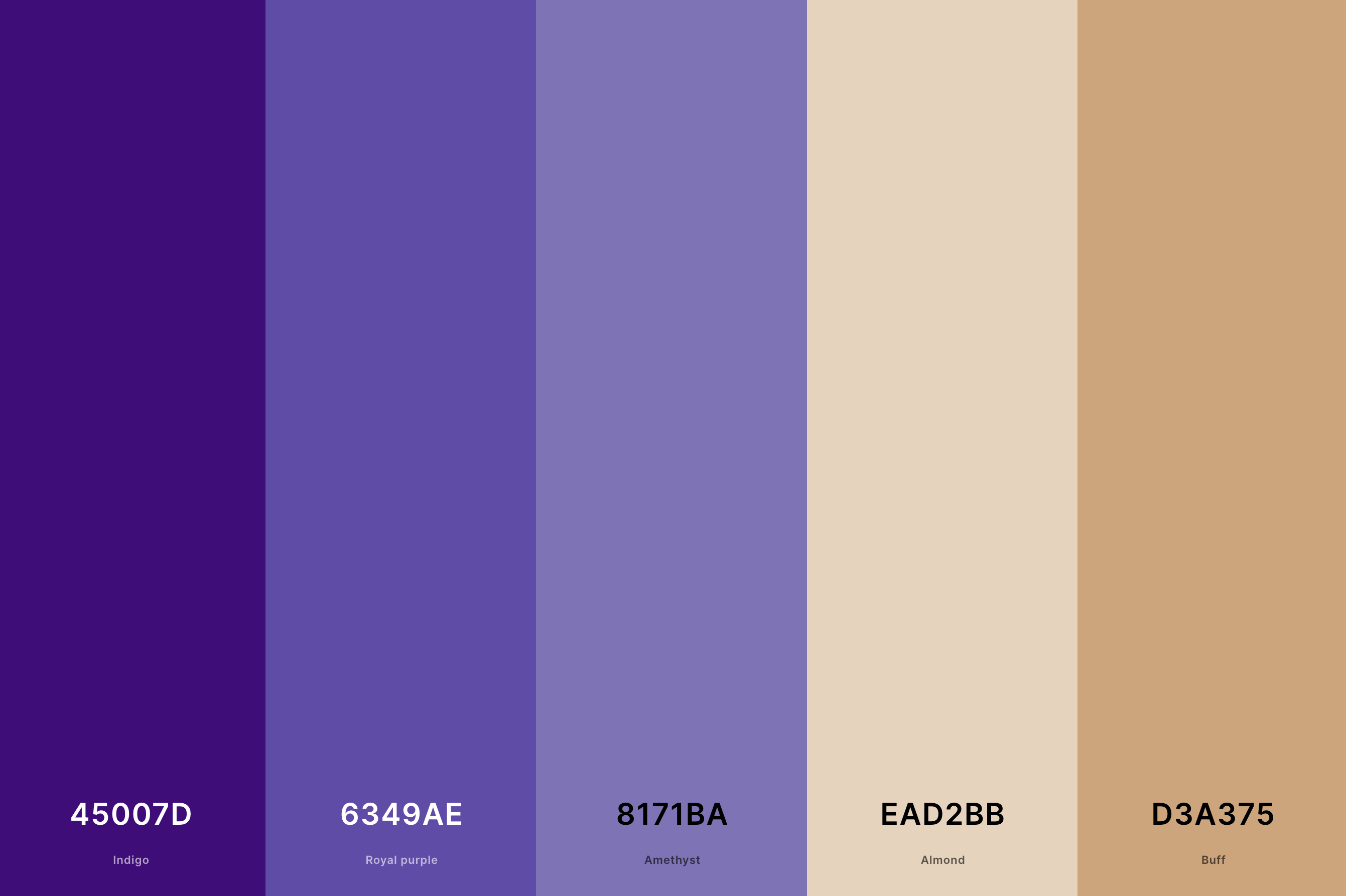 22. Elegant Indigo Color Palette Color Palette with Indigo (Hex #45007D) + Royal Purple (Hex #6349AE) + Amethyst (Hex #8171BA) + Almond (Hex #EAD2BB) + Buff (Hex #D3A375) Color Palette with Hex Codes