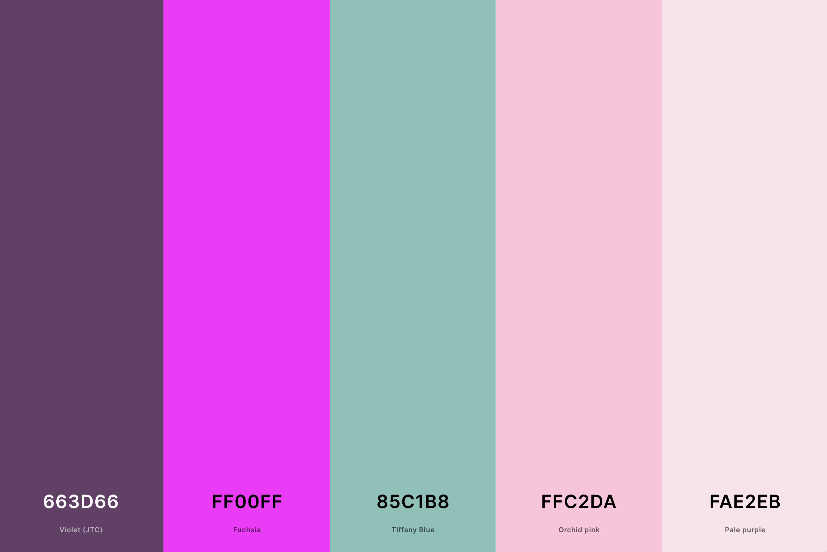 22. Magenta Wedding Color Palette Color Palette with Violet (Jtc) (Hex #663D66) + Magenta (Hex #FF00FF) + Tiffany Blue (Hex #85C1B8) + Orchid Pink (Hex #FFC2DA) + Pale Purple (Hex #FAE2EB) Color Palette with Hex Codes