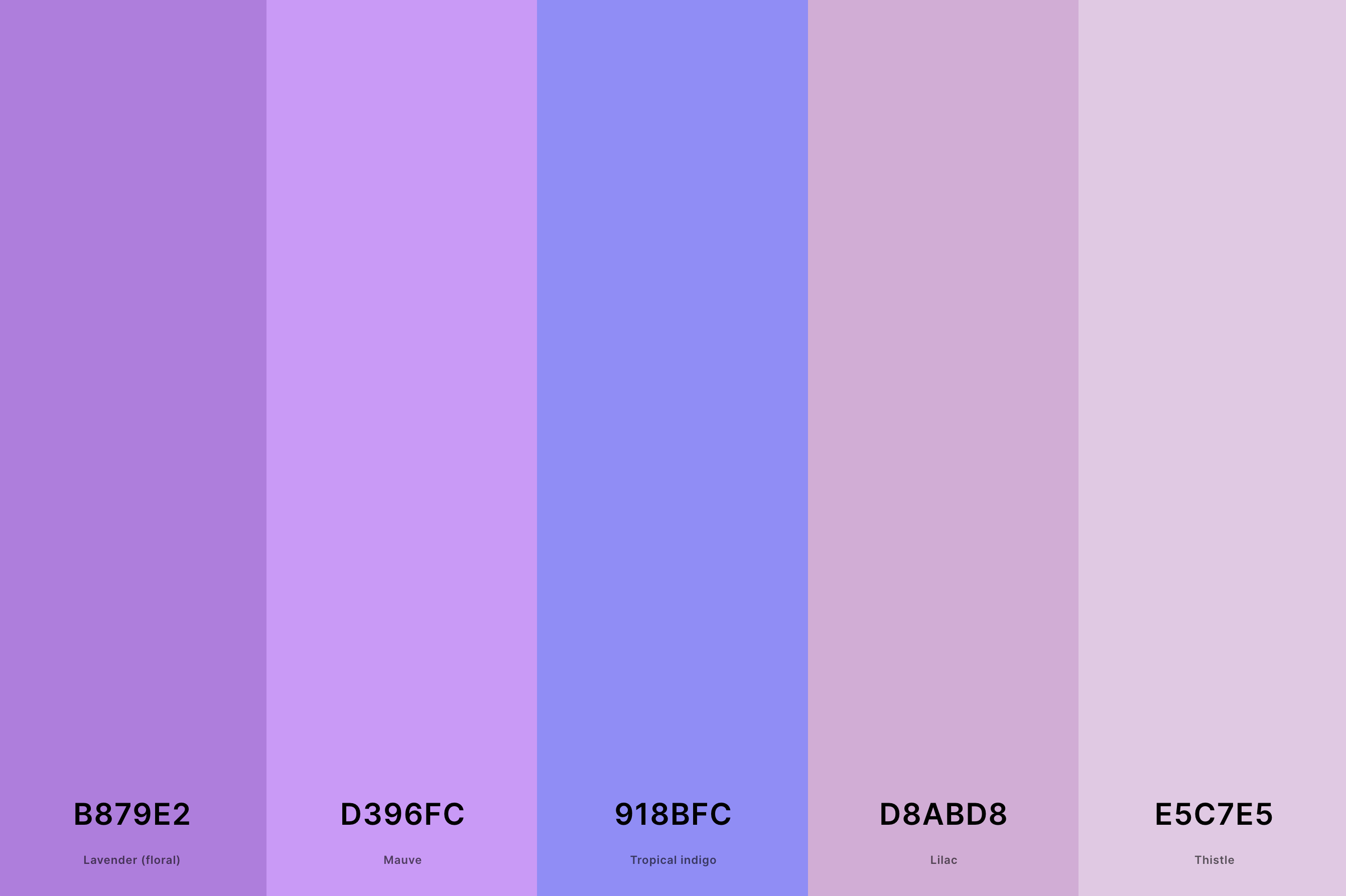 22. Mauve Lilac Color Palette Color Palette with Lavender (Floral) (Hex #B879E2) + Mauve (Hex #D396FC) + Tropical Indigo (Hex #918BFC) + Lilac (Hex #D8ABD8) + Thistle (Hex #E5C7E5) Color Palette with Hex Codes
