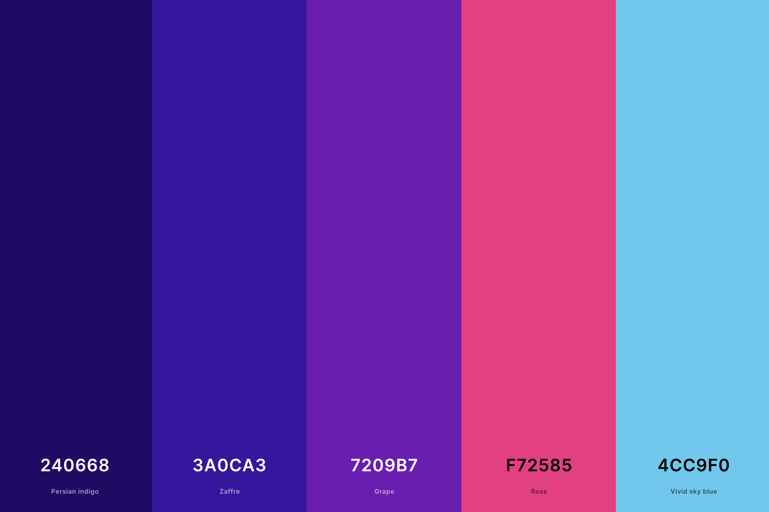22. Neon Purple Color Palette Color Palette with Persian Indigo (Hex #240668) + Zaffre (Hex #3A0CA3) + Grape (Hex #7209B7) + Rose (Hex #F72585) + Vivid Sky Blue (Hex #4CC9F0) Color Palette with Hex Codes