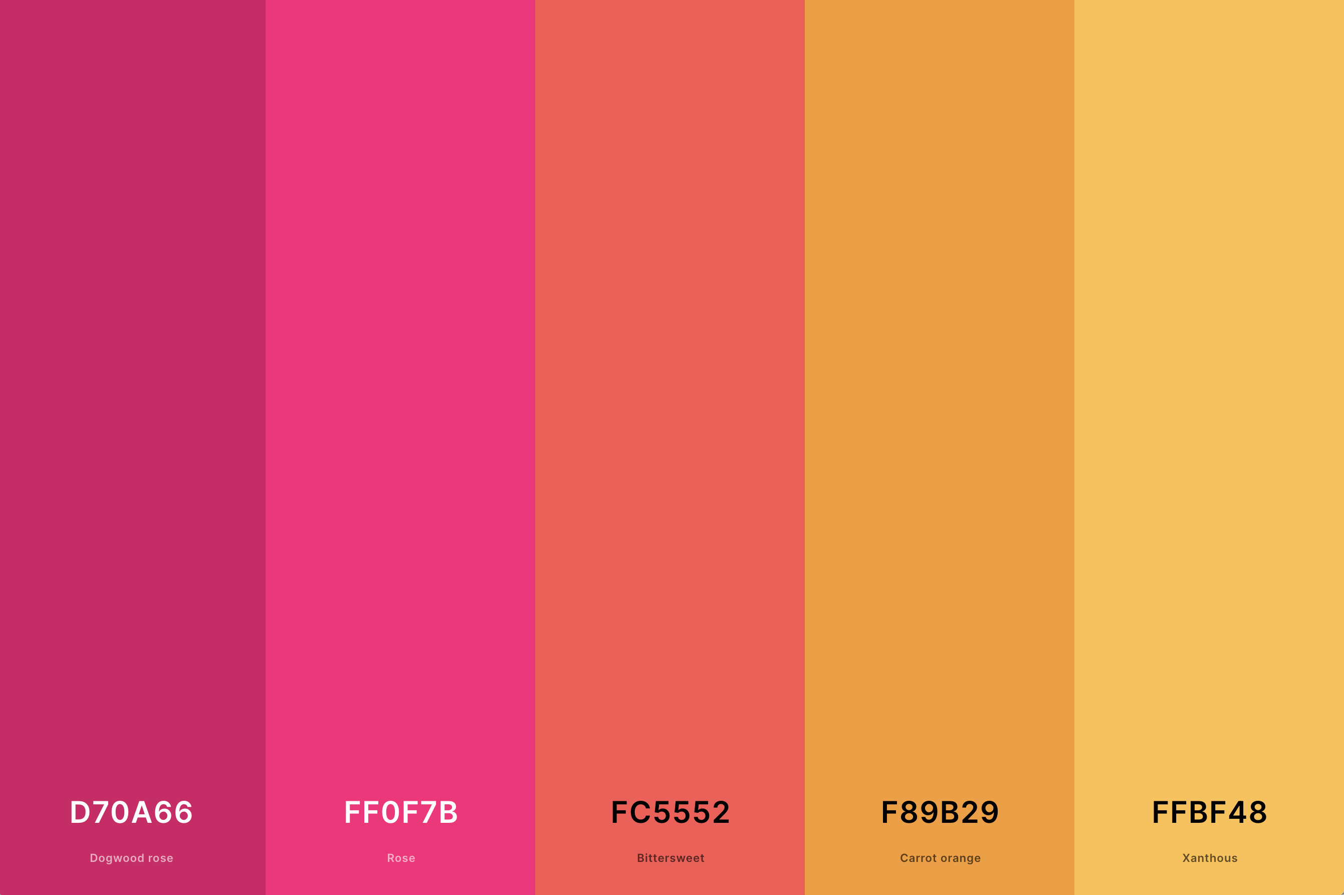 22. Orange, Yellow And Pink Color Palette Color Palette with Dogwood Rose (Hex #D70A66) + Rose (Hex #FF0F7B) + Bittersweet (Hex #FC5552) + Carrot Orange (Hex #F89B29) + Xanthous (Hex #FFBF48) Color Palette with Hex Codes