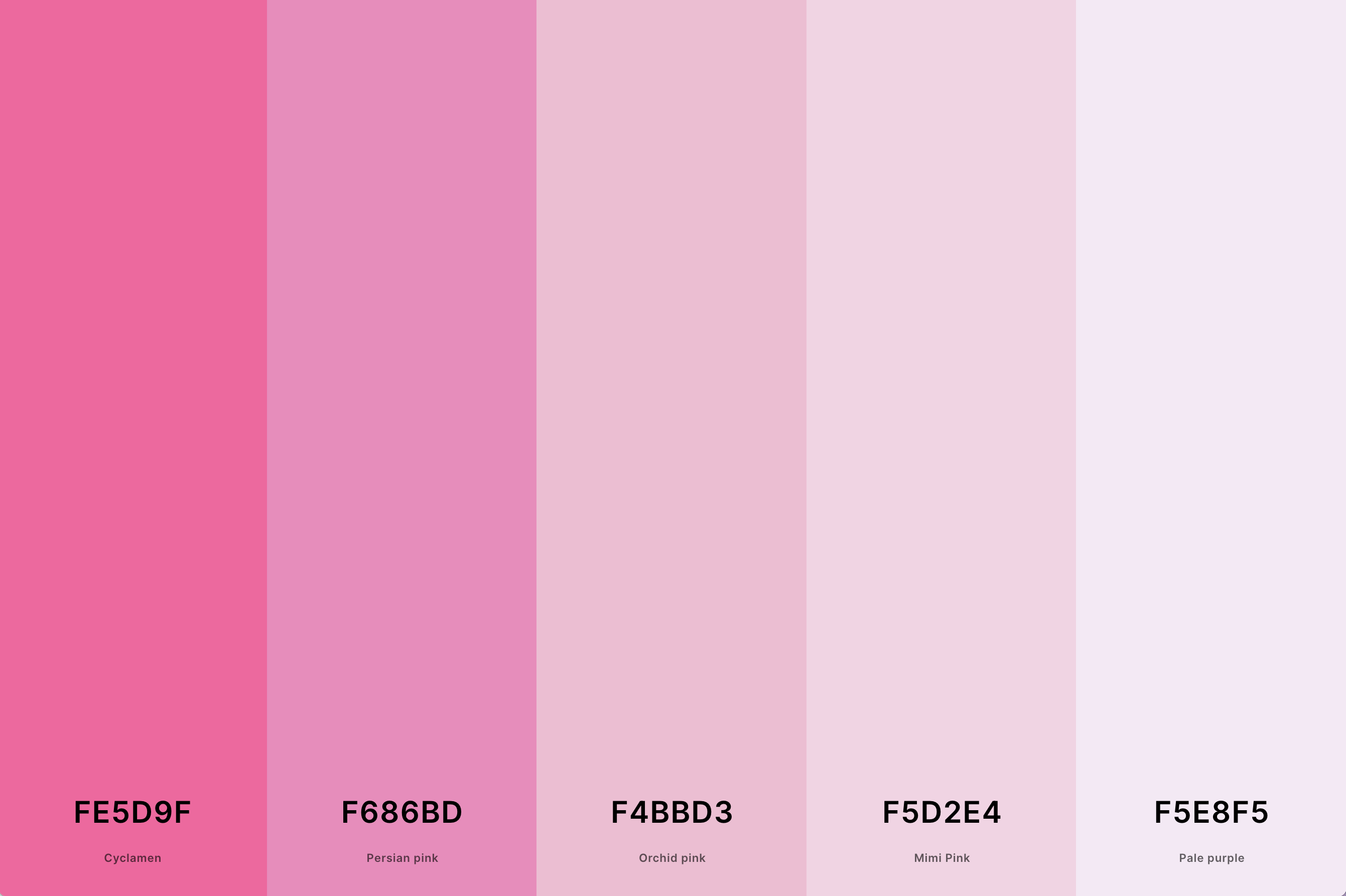 22. Pink And White Color Palette Color Palette with Cyclamen (Hex #FE5D9F) + Persian Pink (Hex #F686BD) + Orchid Pink (Hex #F4BBD3) + Mimi Pink (Hex #F5D2E4) + Pale Purple (Hex #F5E8F5) Color Palette with Hex Codes