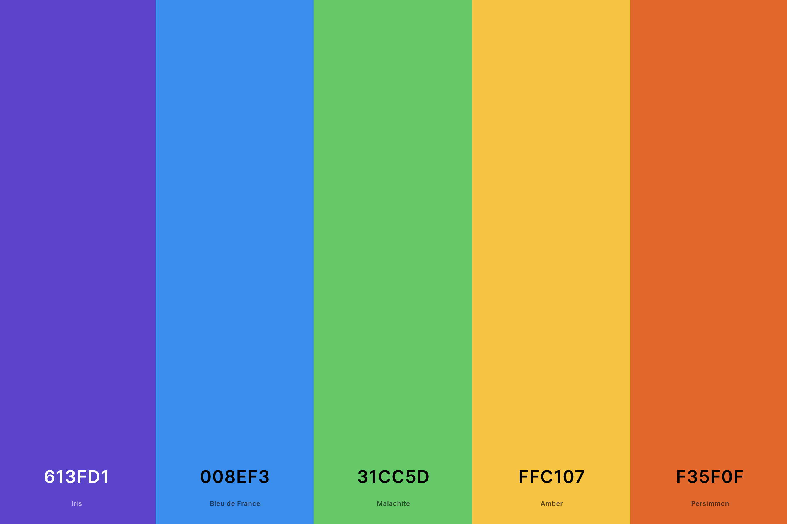 22. Retro Arcade Color Palette Color Palette with Iris (Hex #613FD1) + Bleu De France (Hex #008EF3) + Malachite (Hex #31CC5D) + Amber (Hex #FFC107) + Persimmon (Hex #F35F0F) Color Palette with Hex Codes