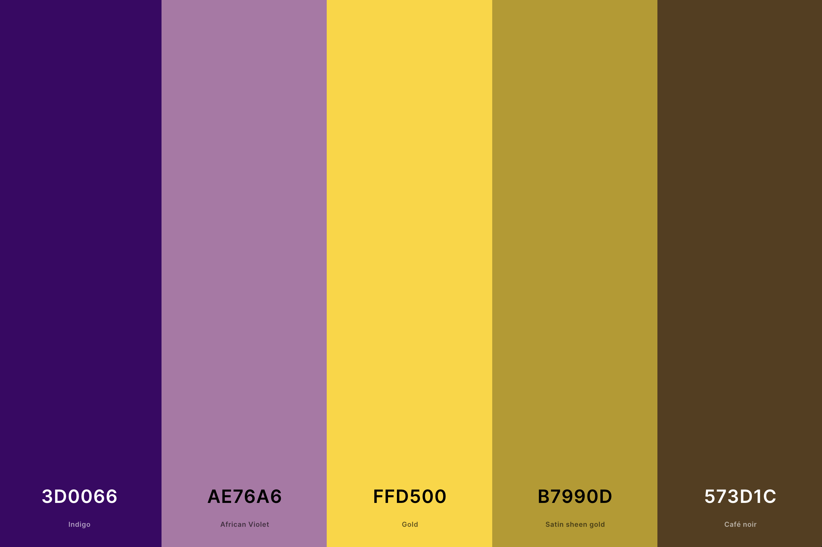 22. Royal Purple And Gold Color Palette Color Palette with Indigo (Hex #3D0066) + African Violet (Hex #AE76A6) + Gold (Hex #FFD500) + Satin Sheen Gold (Hex #B7990D) + Café Noir (Hex #573D1C) Color Palette with Hex Codes