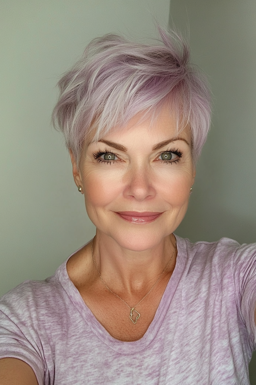 22. Soft Lilac Pixie with Asymmetrical Fringe for Fine Hair (Pixie Hairstyles For Older Women) - Pixie Hairstyles For Older Women