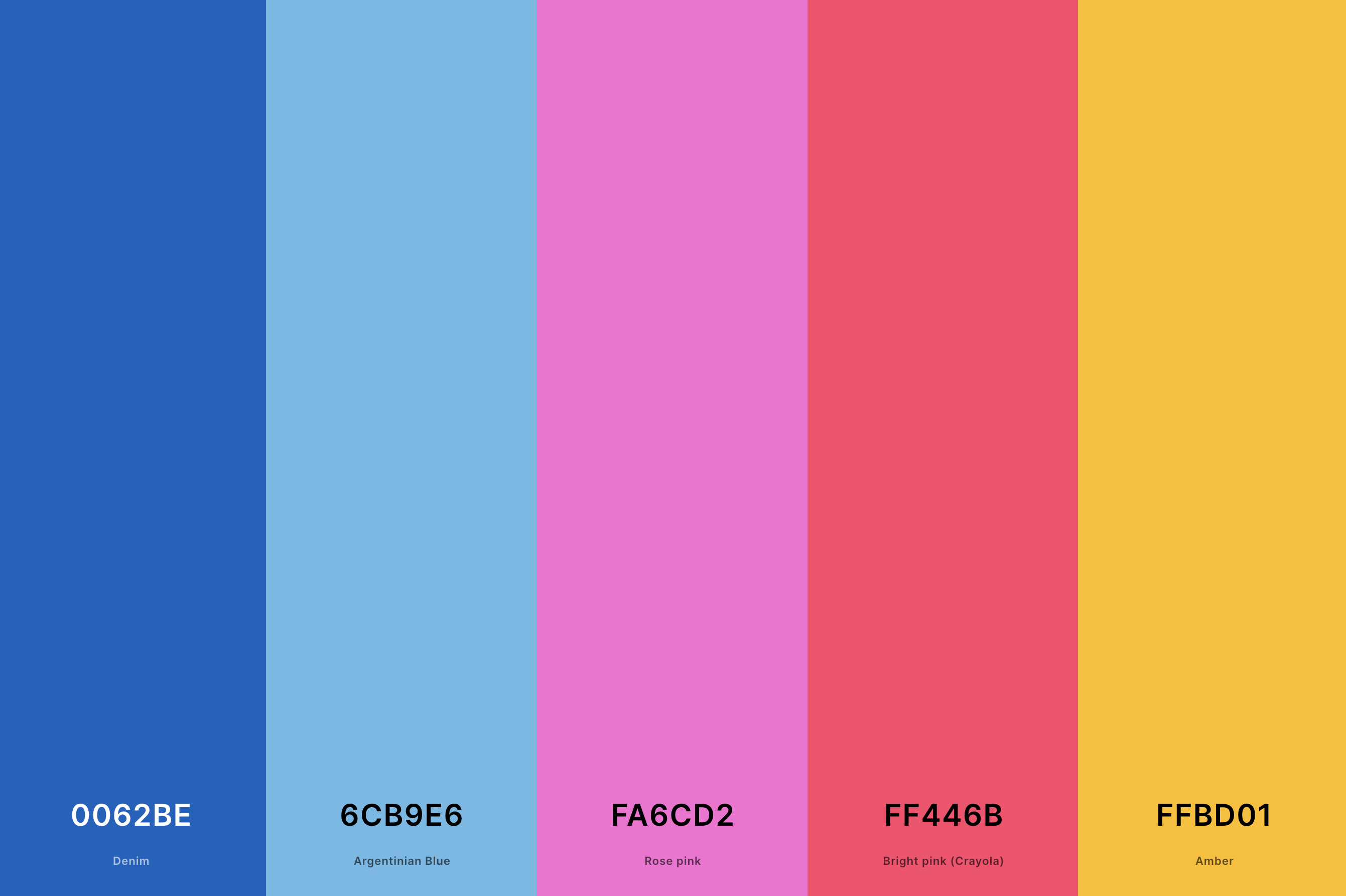 22. Sunset Summer Color Palette Color Palette with Denim (Hex #0062BE) + Argentinian Blue (Hex #6CB9E6) + Rose Pink (Hex #FA6CD2) + Bright Pink (Crayola) (Hex #FF446B) + Amber (Hex #FFBD01) Color Palette with Hex Codes