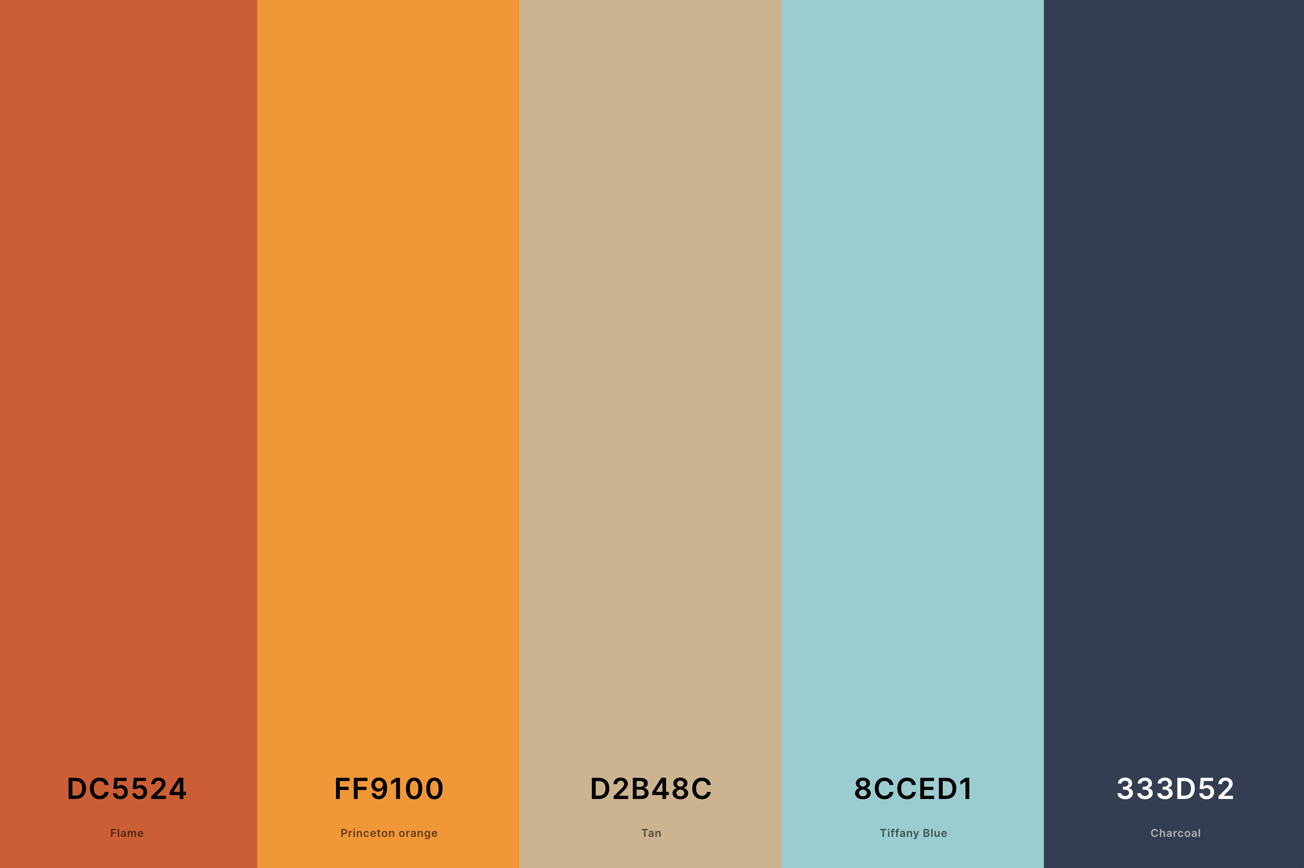 22. Tan And Orange Color Palette Color Palette with Flame (Hex #DC5524) + Princeton Orange (Hex #FF9100) + Tan (Hex #D2B48C) + Tiffany Blue (Hex #8CCED1) + Charcoal (Hex #333D52) Color Palette with Hex Codes