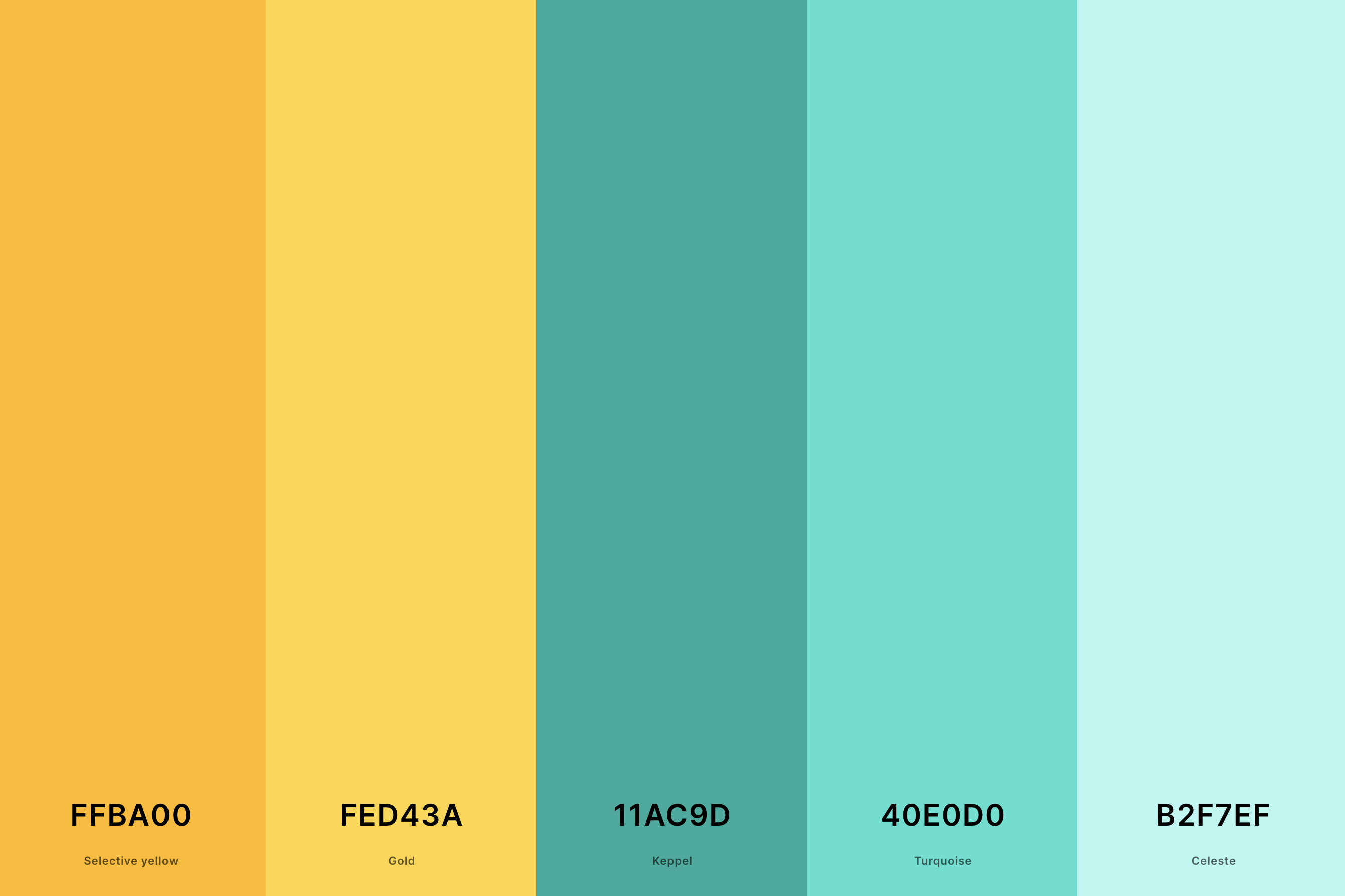 22. Turquoise And Gold Color Palette Color Palette with Selective Yellow (Hex #FFBA00) + Gold (Hex #FED43A) + Keppel (Hex #11AC9D) + Turquoise (Hex #40E0D0) + Celeste (Hex #B2F7EF) Color Palette with Hex Codes