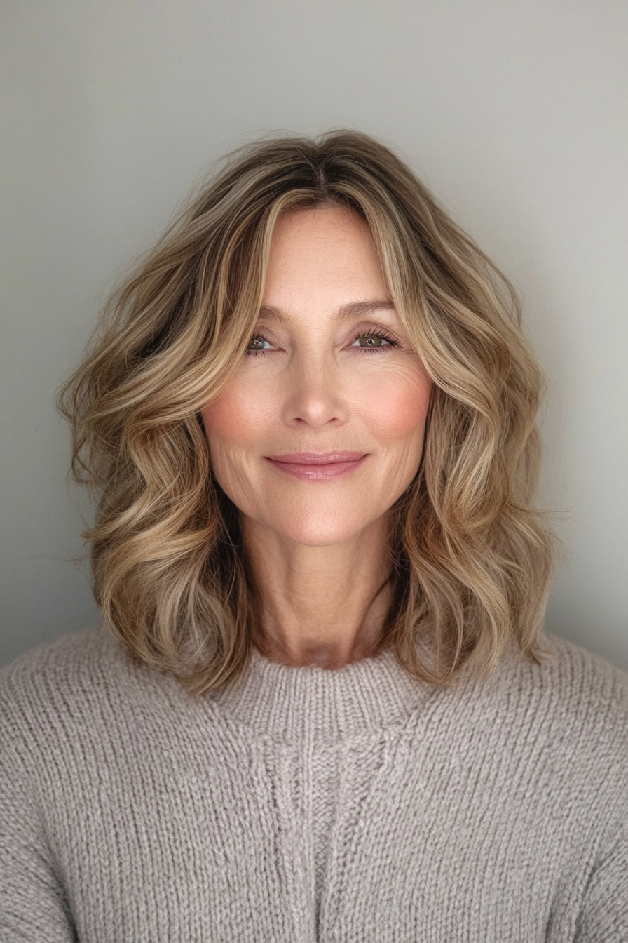 22. Wavy Shoulder-Length with Golden Highlights (Hairstyles For Older Women With Fine Hair) - Hairstyles For Older Women With Fine Hair