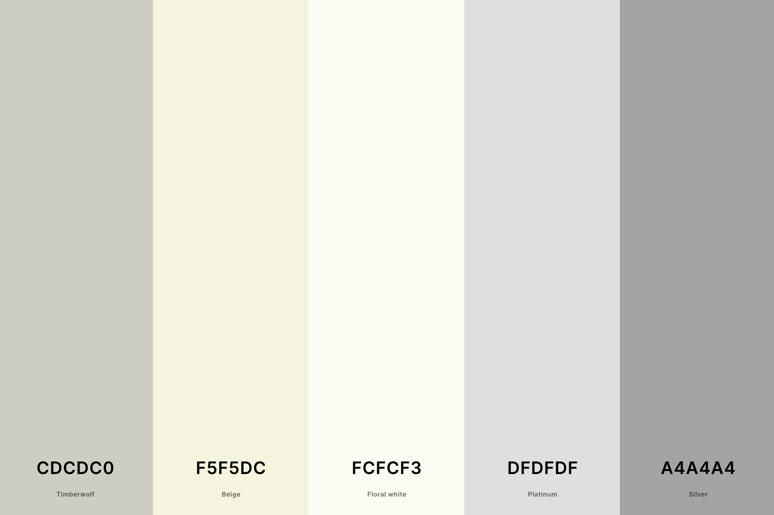 23. Beige, Gray And White Color Palette Color Palette with Timberwolf (Hex #CDCDC0) + Beige (Hex #F5F5DC) + Floral White (Hex #FCFCF3) + Platinum (Hex #DFDFDF) + Silver (Hex #A4A4A4) Color Palette with Hex Codes