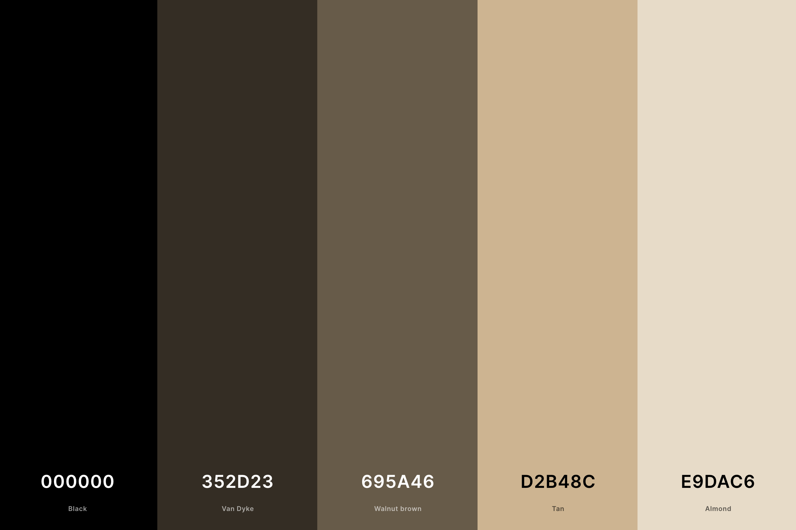 23. Black And Tan Color Palette Color Palette with Black (Hex #000000) + Van Dyke (Hex #352D23) + Walnut Brown (Hex #695A46) + Tan (Hex #D2B48C) + Almond (Hex #E9DAC6) Color Palette with Hex Codes