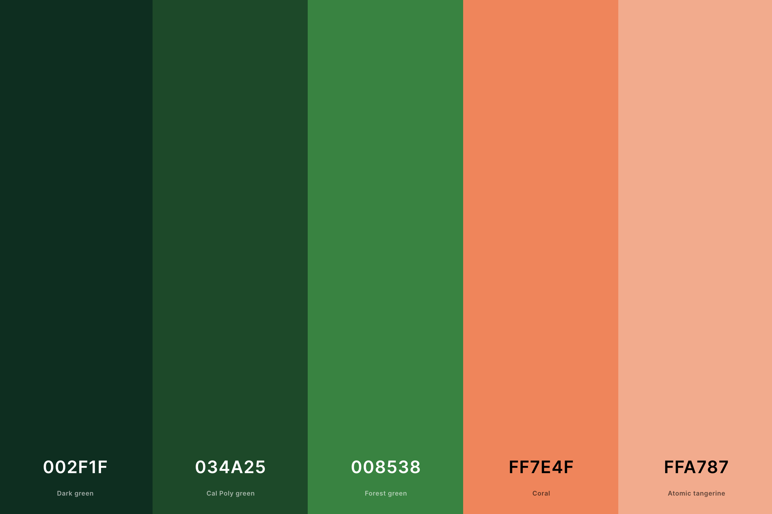 23. Dark Green And Coral Color Palette Color Palette with Dark Green (Hex #002F1F) + Cal Poly Green (Hex #034A25) + Forest Green (Hex #008538) + Coral (Hex #FF7E4F) + Atomic Tangerine (Hex #FFA787) Color Palette with Hex Codes