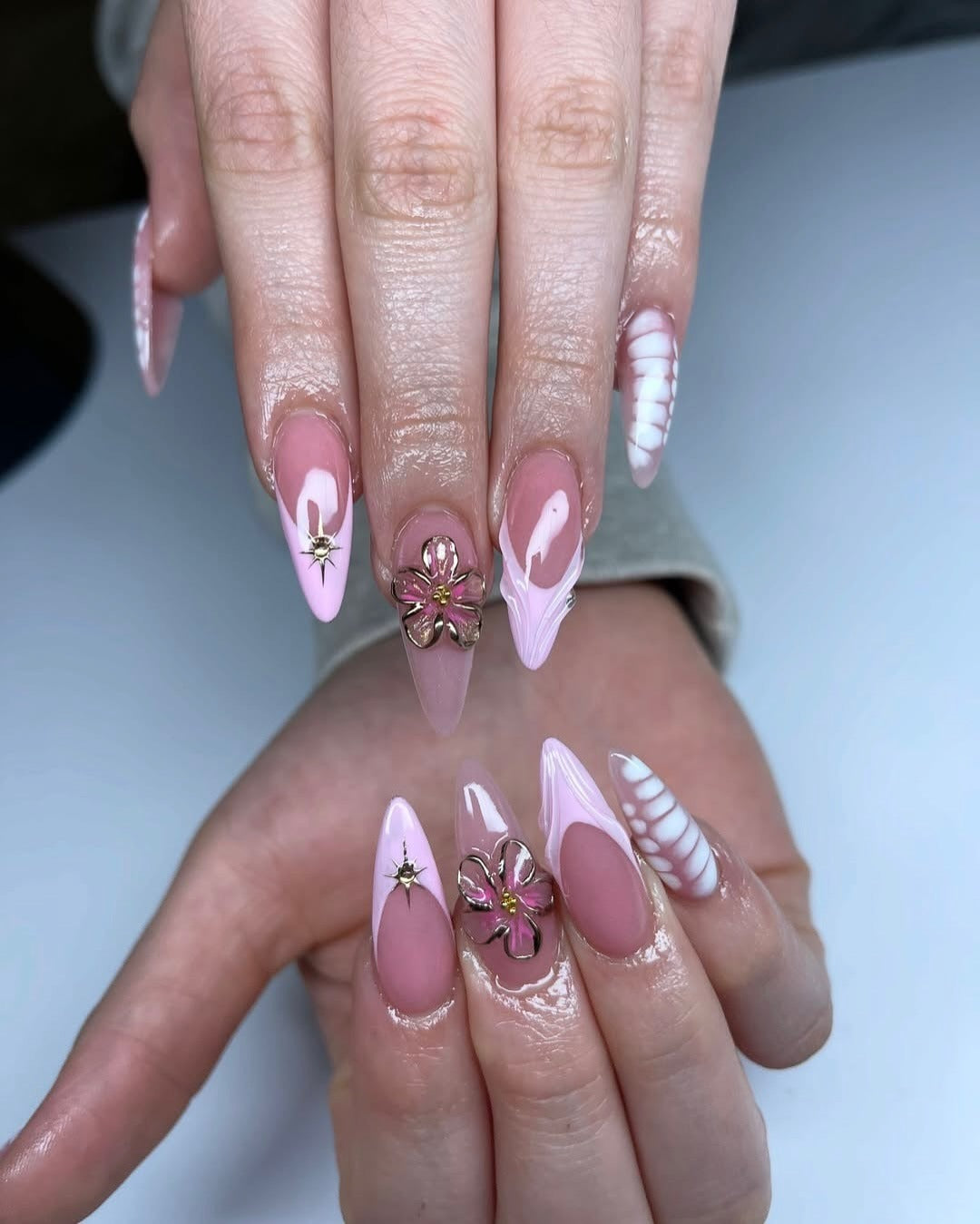 23. Floral Pop Almond Nails in Cotton Pink and Soft White (Bling Nail Ideas)