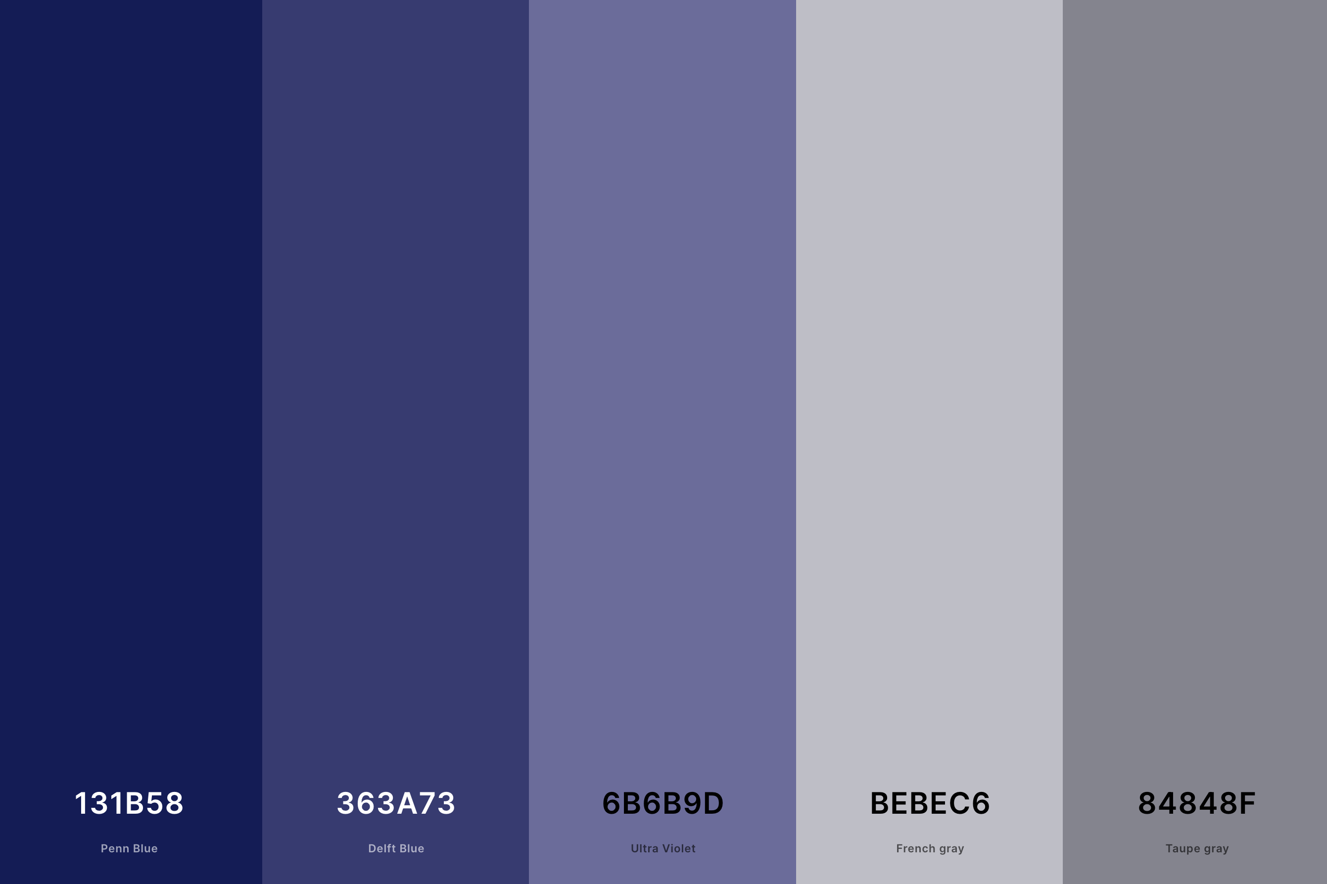 23. Gray And Navy Blue Color Palette Color Palette with Penn Blue (Hex #131B58) + Delft Blue (Hex #363A73) + Ultra Violet (Hex #6B6B9D) + French Gray (Hex #BEBEC6) + Taupe Gray (Hex #84848F) Color Palette with Hex Codes