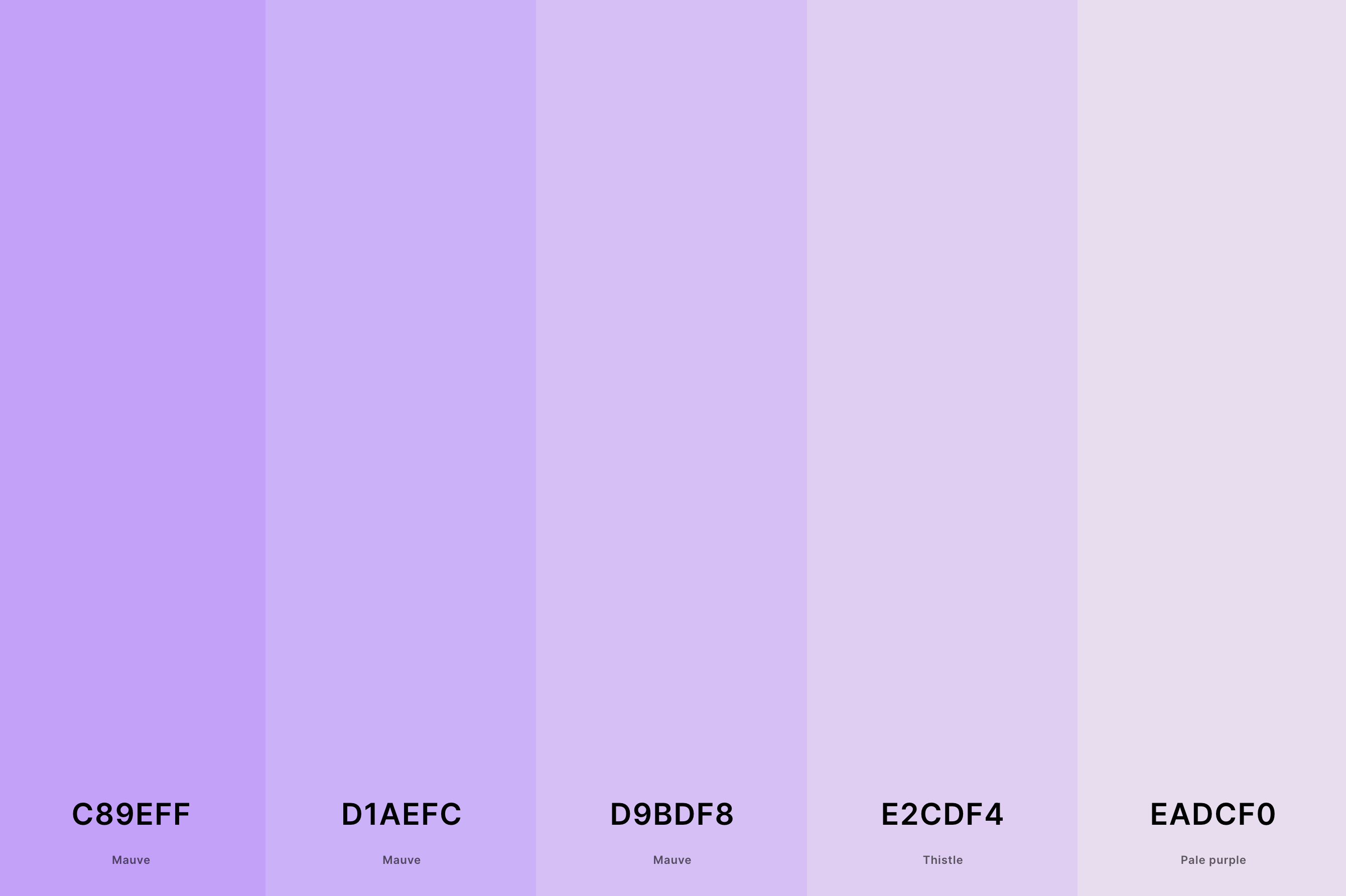 23. Light Mauve Color Palette Color Palette with Mauve (Hex #C89EFF) + Mauve (Hex #D1AEFC) + Mauve (Hex #D9BDF8) + Thistle (Hex #E2CDF4) + Pale Purple (Hex #EADCF0) Color Palette with Hex Codes