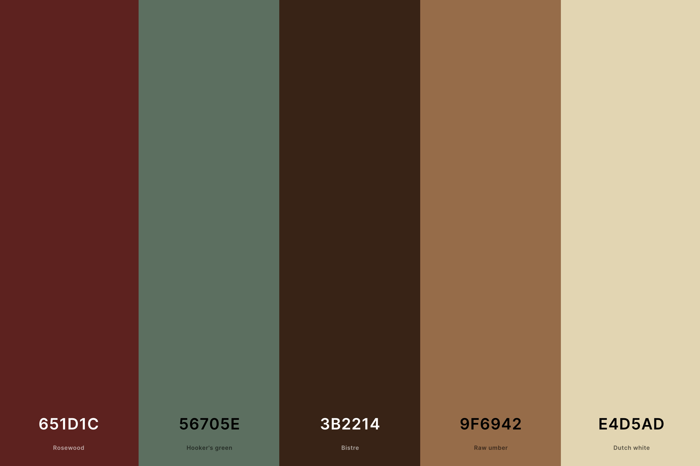 23. Neutral Fall Color Palette Color Palette with Rosewood (Hex #651D1C) + Hooker'S Green (Hex #56705E) + Bistre (Hex #3B2214) + Raw Umber (Hex #9F6942) + Dutch White (Hex #E4D5AD) Color Palette with Hex Codes