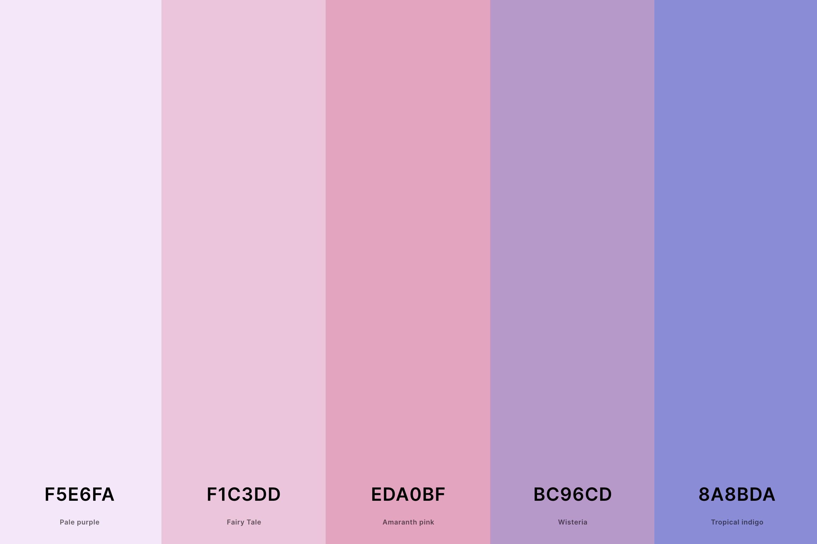 23. Pink And Lavender Color Palette Color Palette with Pale Purple (Hex #F5E6FA) + Fairy Tale (Hex #F1C3DD) + Amaranth Pink (Hex #EDA0BF) + Wisteria (Hex #BC96CD) + Tropical Indigo (Hex #8A8BDA) Color Palette with Hex Codes