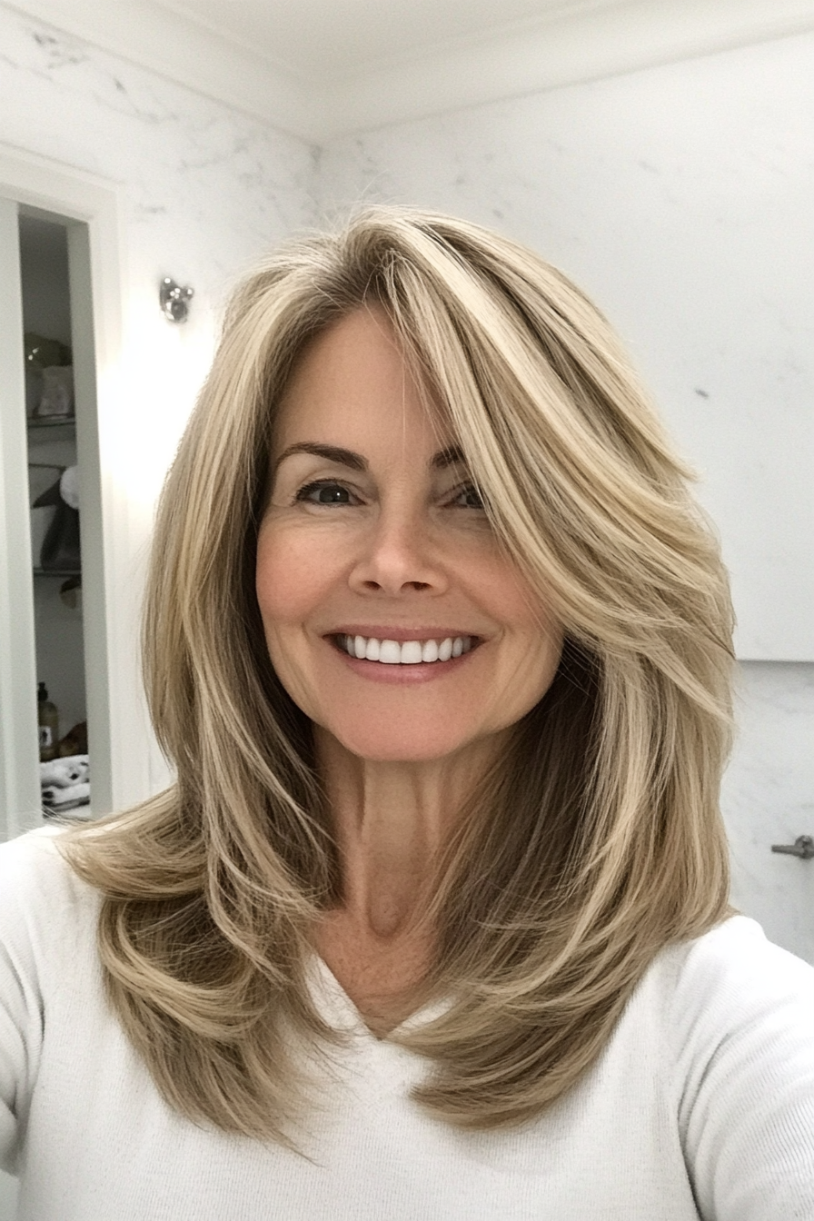 23. Sandy Blonde Blended Layers (Medium Length Layered Haircuts For Older Women) - Medium Length Layered Haircuts For Older Women