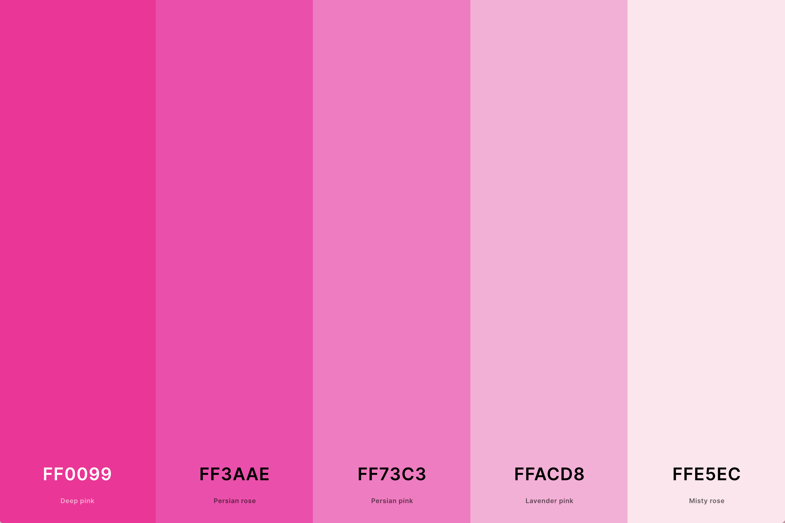 23. Shades Pink Color Palette Color Palette with Deep Pink (Hex #FF0099) + Persian Rose (Hex #FF3AAE) + Persian Pink (Hex #FF73C3) + Lavender Pink (Hex #FFACD8) + Misty Rose (Hex #FFE5EC) Color Palette with Hex Codes