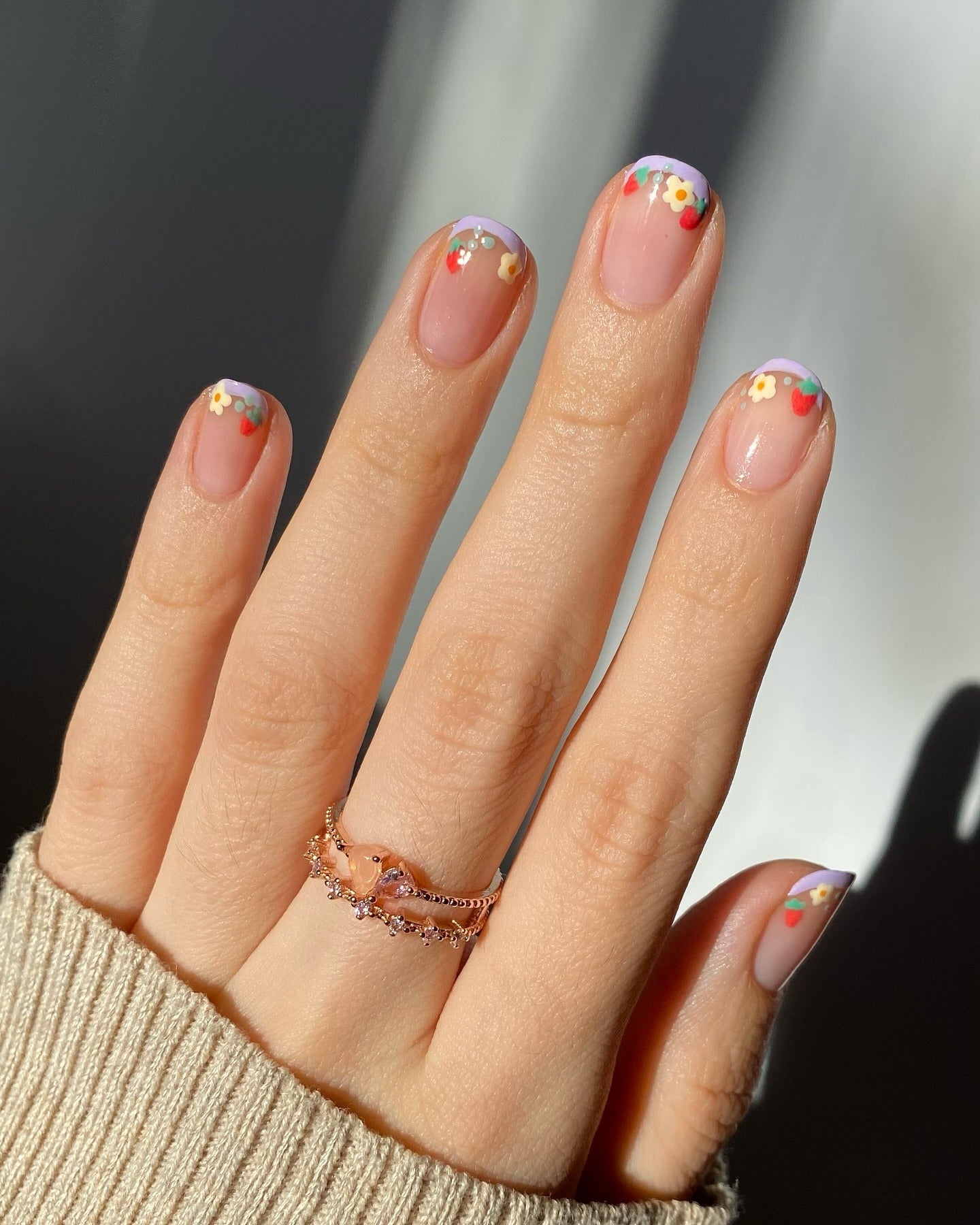 23. Strawberry Garden Floral French Tips (Nail Ideas for Short Nails)