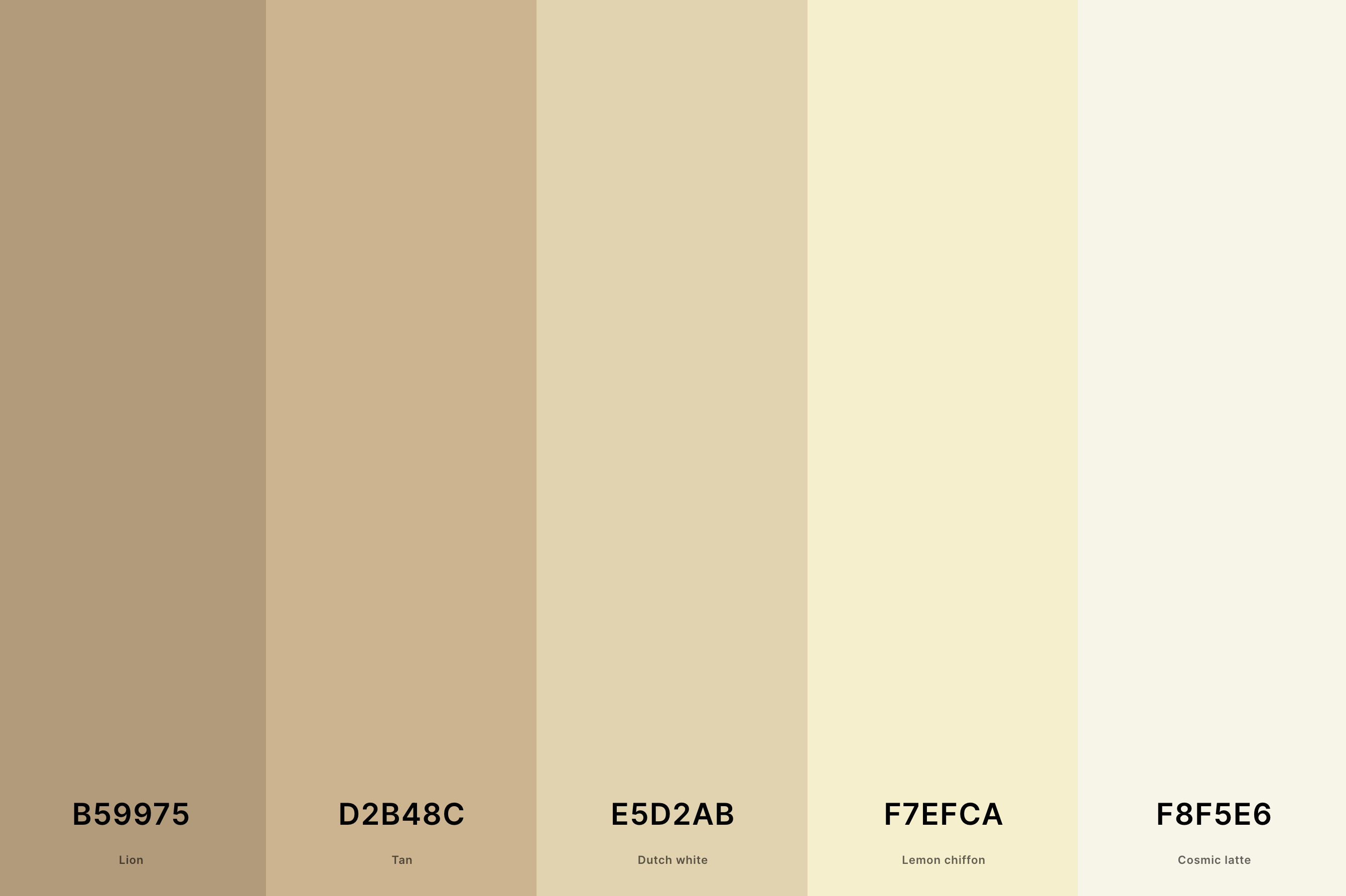 23. Tan And Cream Color Palette Color Palette with Lion (Hex #B59975) + Tan (Hex #D2B48C) + Dutch White (Hex #E5D2AB) + Lemon Chiffon (Hex #F7EFCA) + Cosmic Latte (Hex #F8F5E6) Color Palette with Hex Codes