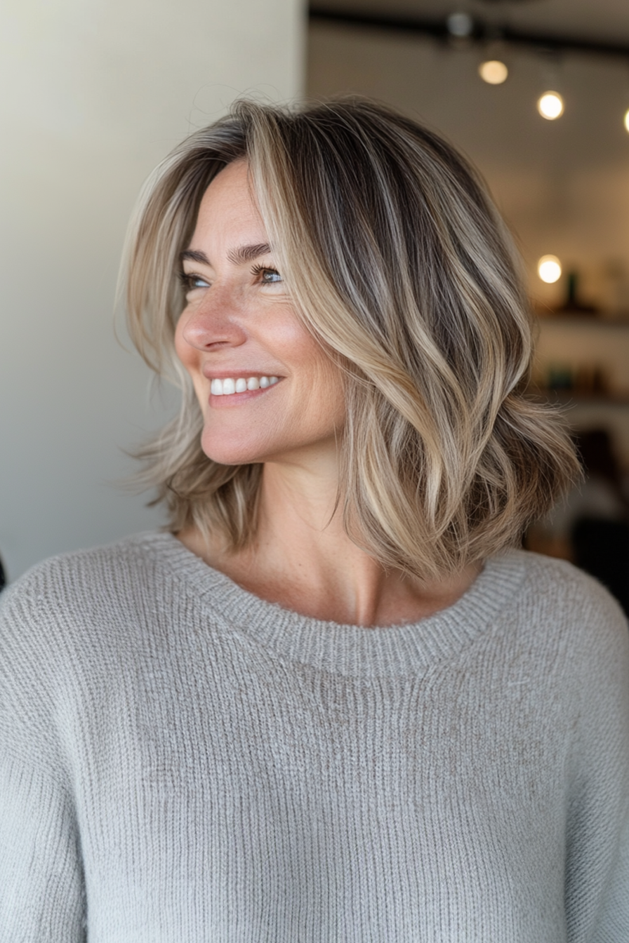23. Tousled Lob in Dimensional Bronde (Modern Hairstyles For Women Over 50) - Modern Hairstyles For Women Over 50