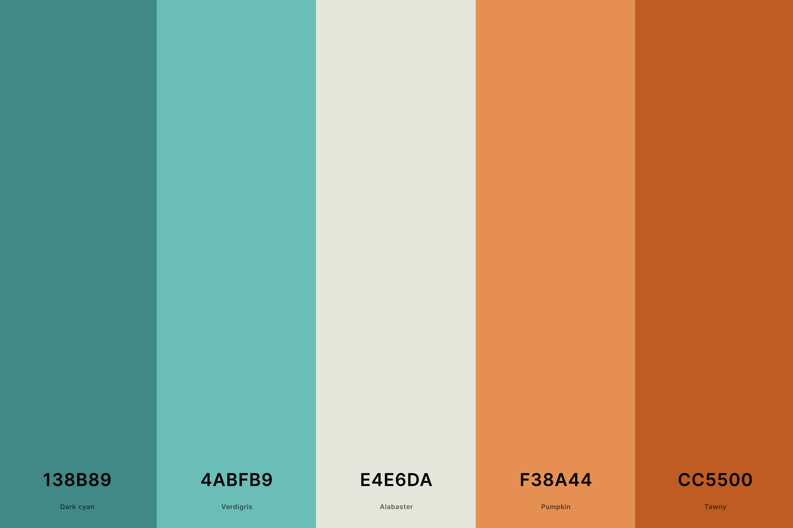 23. Turquoise And Burnt Orange Color Palette Color Palette with Dark Cyan (Hex #138B89) + Verdigris (Hex #4ABFB9) + Alabaster (Hex #E4E6DA) + Pumpkin (Hex #F38A44) + Tawny (Hex #CC5500) Color Palette with Hex Codes