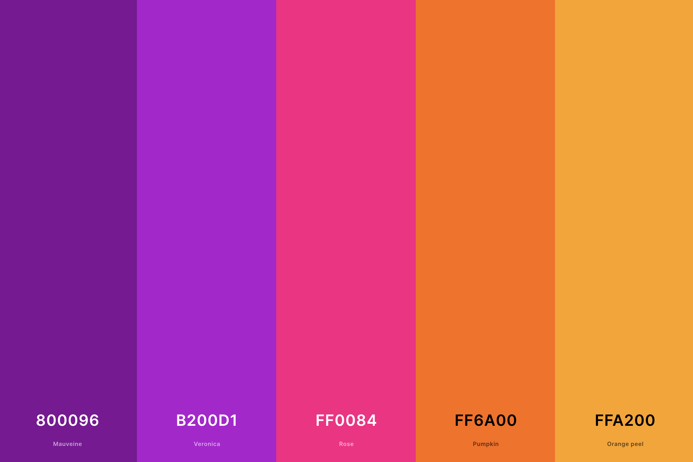 23. Vintage Sunset Color Palette Color Palette with Mauveine (Hex #800096) + Veronica (Hex #B200D1) + Rose (Hex #FF0084) + Pumpkin (Hex #FF6A00) + Orange Peel (Hex #FFA200) Color Palette with Hex Codes