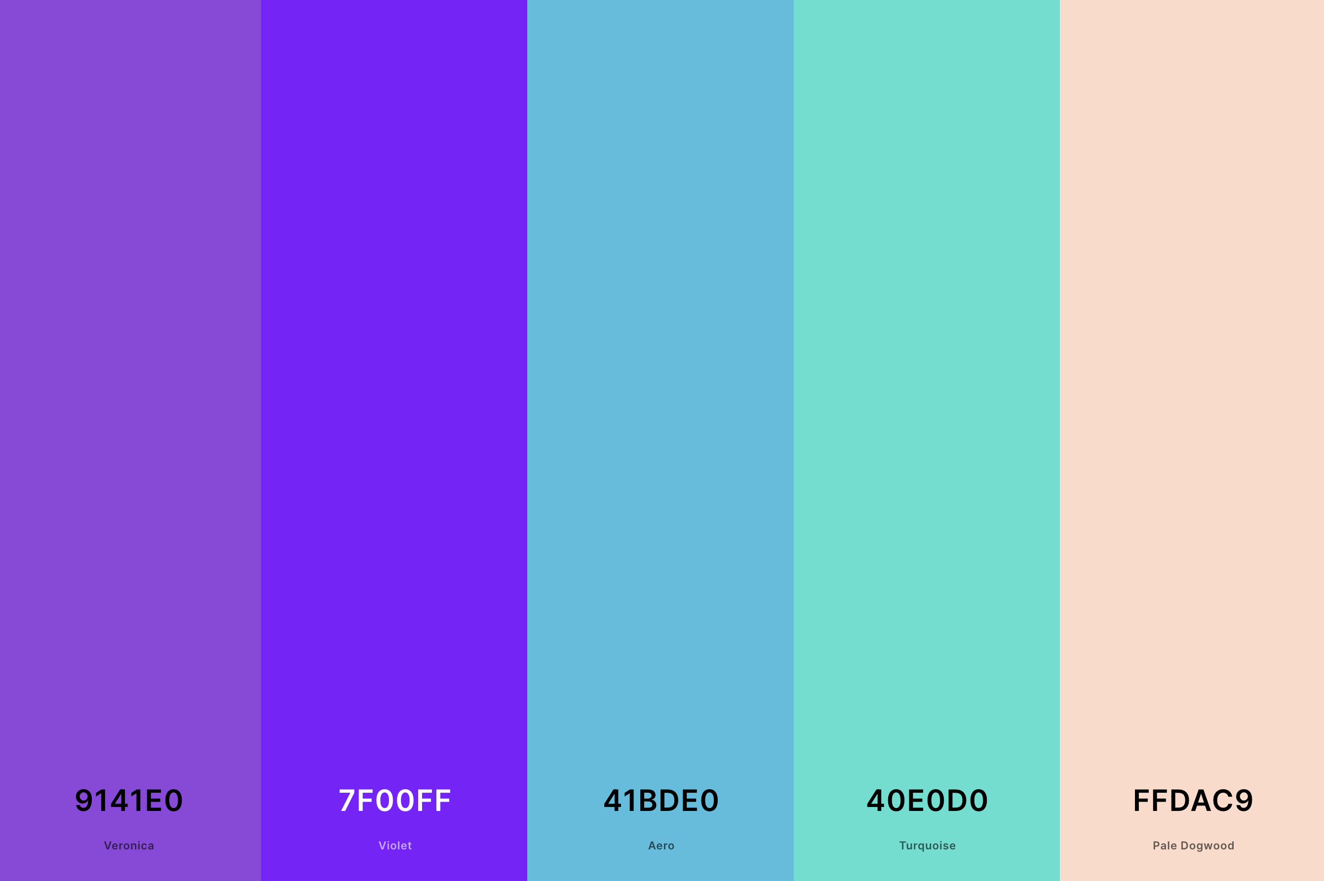 23. Violet And Turquoise Color Palette Color Palette with Veronica (Hex #9141E0) + Violet (Hex #7F00FF) + Aero (Hex #41BDE0) + Turquoise (Hex #40E0D0) + Pale Dogwood (Hex #FFDAC9) Color Palette with Hex Codes