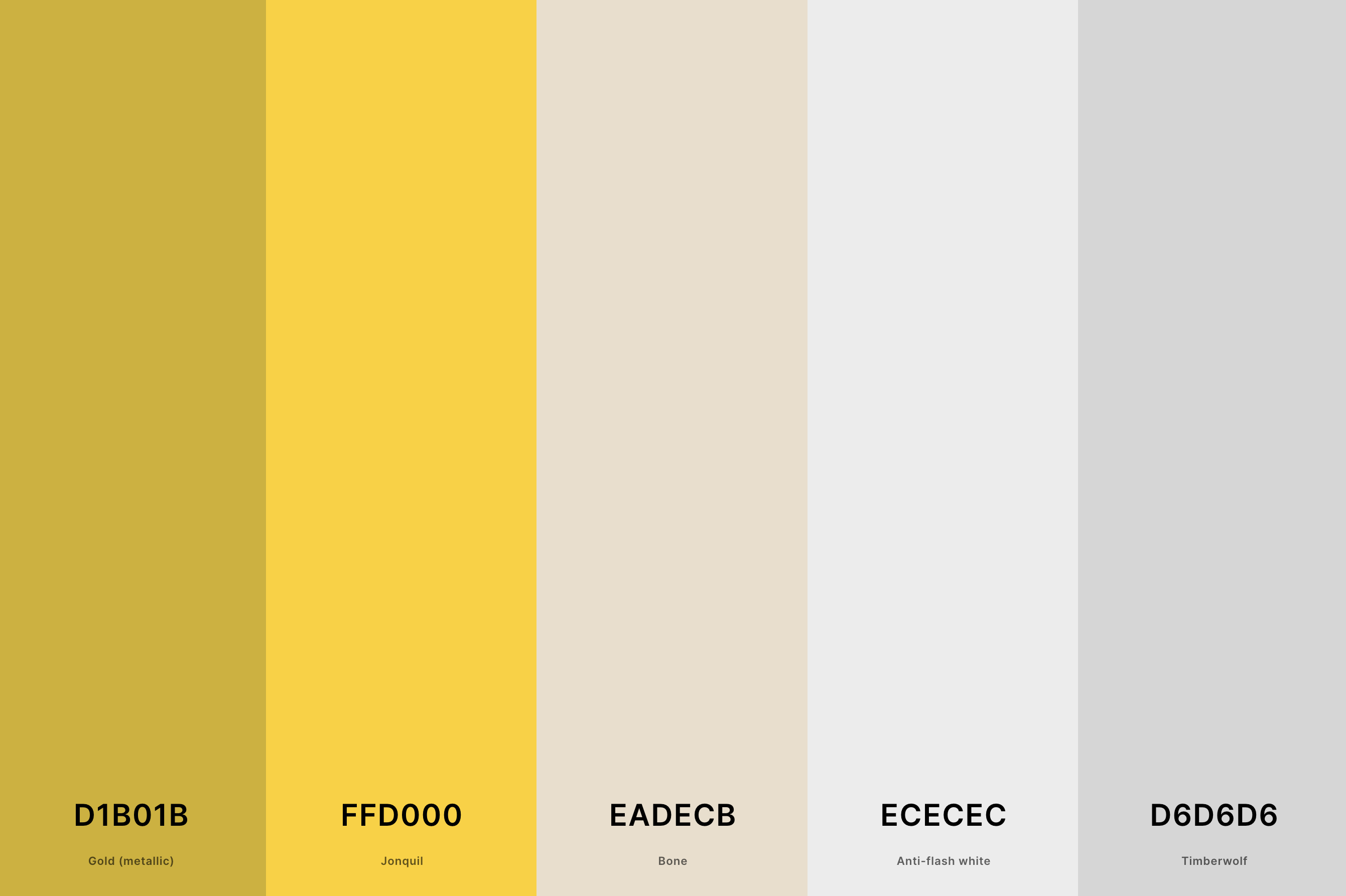 23. White And Gold Color Palette Color Palette with Gold (Metallic) (Hex #D1B01B) + Jonquil (Hex #FFD000) + Bone (Hex #EADECB) + Anti-Flash White (Hex #ECECEC) + Timberwolf (Hex #D6D6D6) Color Palette with Hex Codes