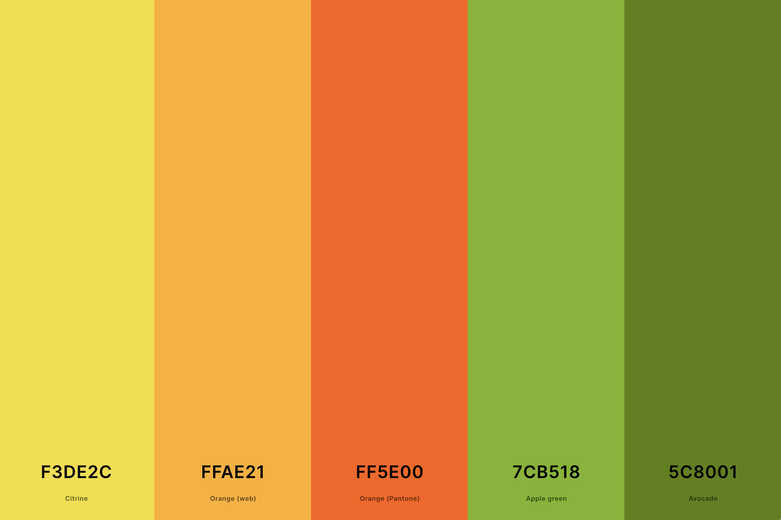 23. Yellow, Orange And Green Color Palette Color Palette with Citrine (Hex #F3DE2C) + Orange (Web) (Hex #FFAE21) + Orange (Pantone) (Hex #FF5E00) + Apple Green (Hex #7CB518) + Avocado (Hex #5C8001) Color Palette with Hex Codes