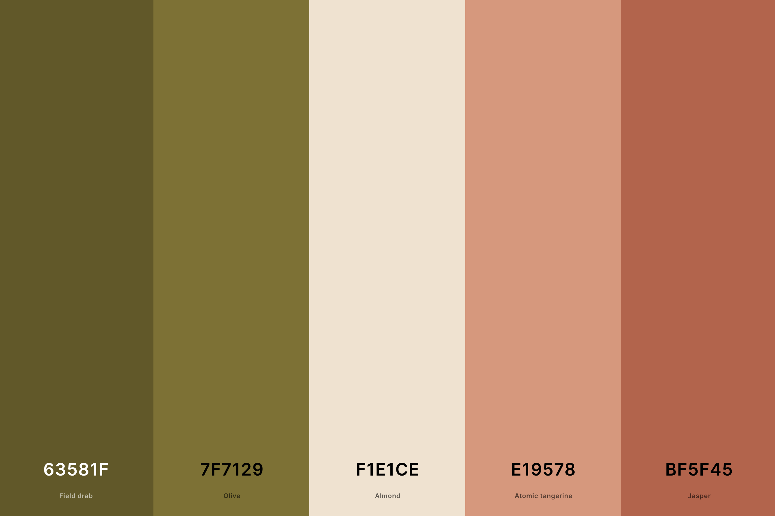 24. Aesthetic Cottagecore Color Palette Color Palette with Field Drab (Hex #63581F) + Olive (Hex #7F7129) + Almond (Hex #F1E1CE) + Atomic Tangerine (Hex #E19578) + Jasper (Hex #BF5F45) Color Palette with Hex Codes