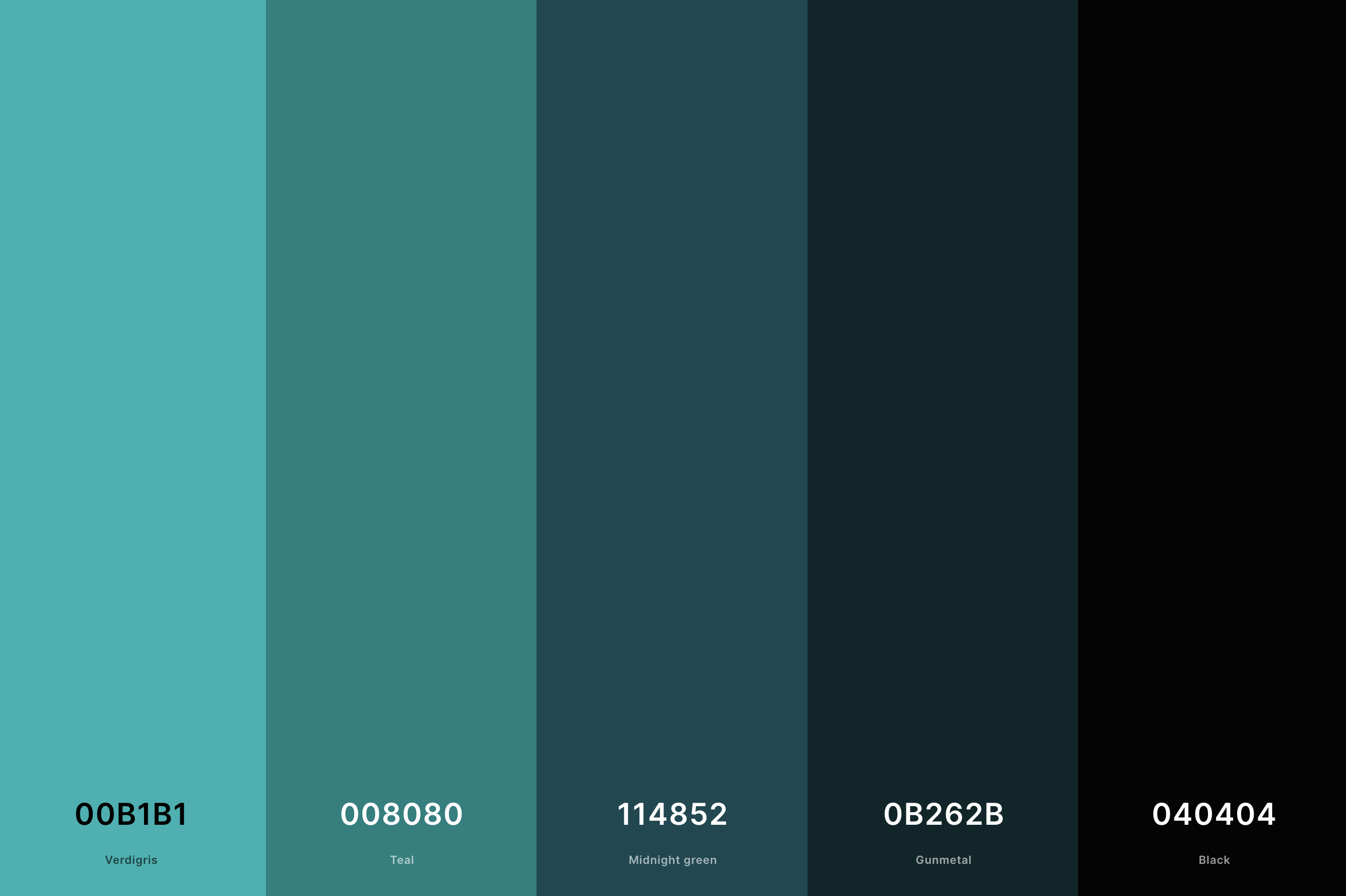 24. Black And Teal Color Palette Color Palette with Verdigris (Hex #00B1B1) + Teal (Hex #008080) + Midnight Green (Hex #114852) + Gunmetal (Hex #0B262B) + Black (Hex #040404) Color Palette with Hex Codes
