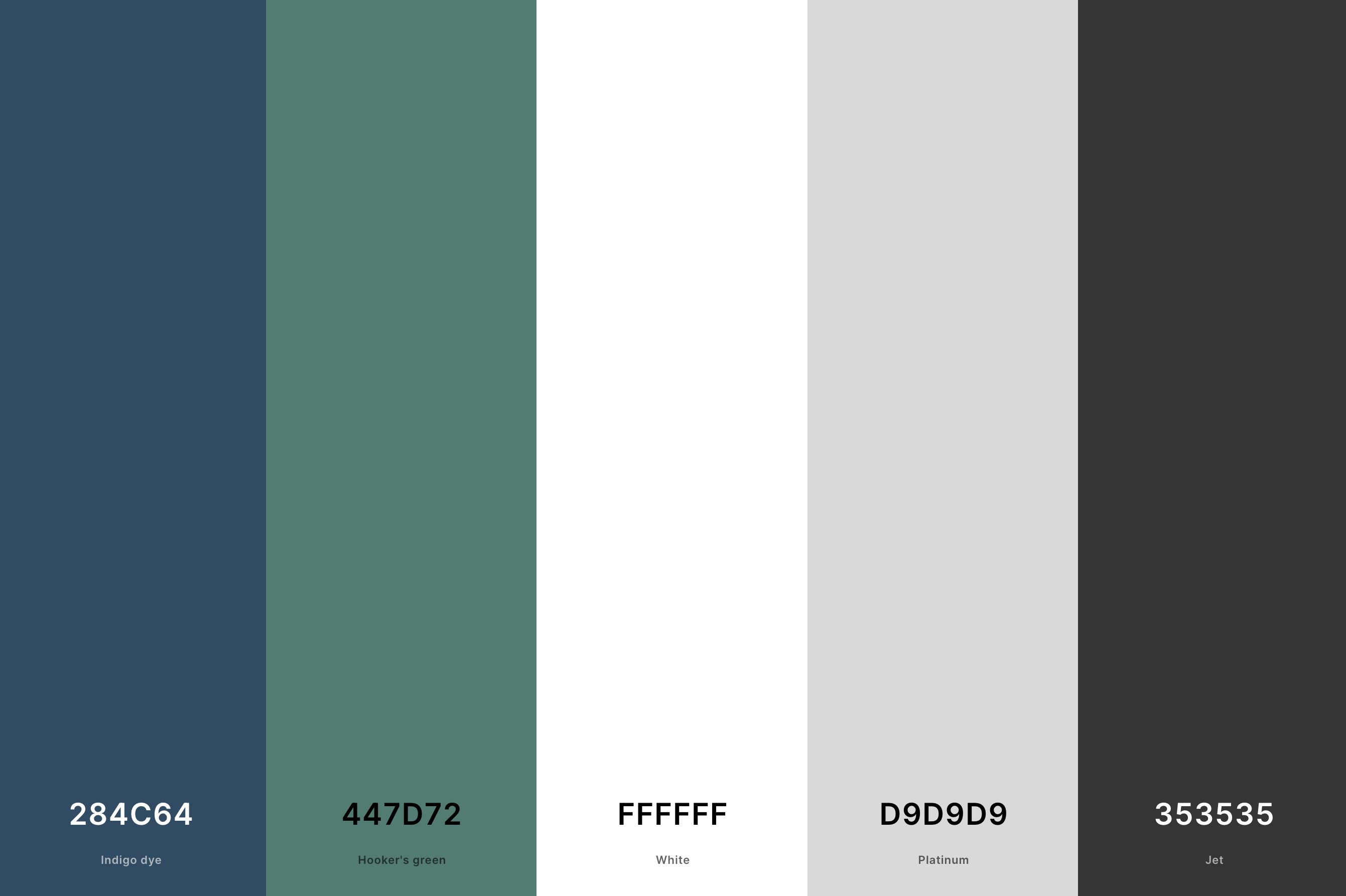 24. Blue, Green And Gray Color Palette Color Palette with Indigo Dye (Hex #284C64) + Hooker'S Green (Hex #447D72) + White (Hex #FFFFFF) + Platinum (Hex #D9D9D9) + Jet (Hex #353535) Color Palette with Hex Codes