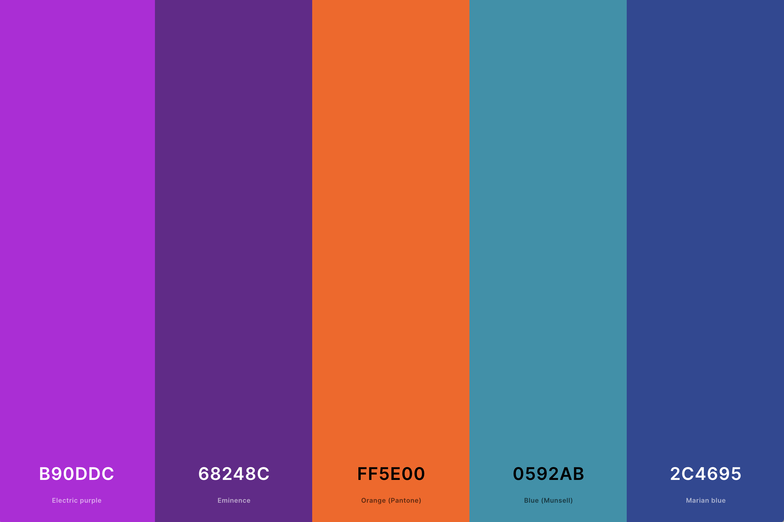 24. Blue, Orange And Purple Color Palette Color Palette with Electric Purple (Hex #B90DDC) + Eminence (Hex #68248C) + Orange (Pantone) (Hex #FF5E00) + Blue (Munsell) (Hex #0592AB) + Marian Blue (Hex #2C4695) Color Palette with Hex Codes