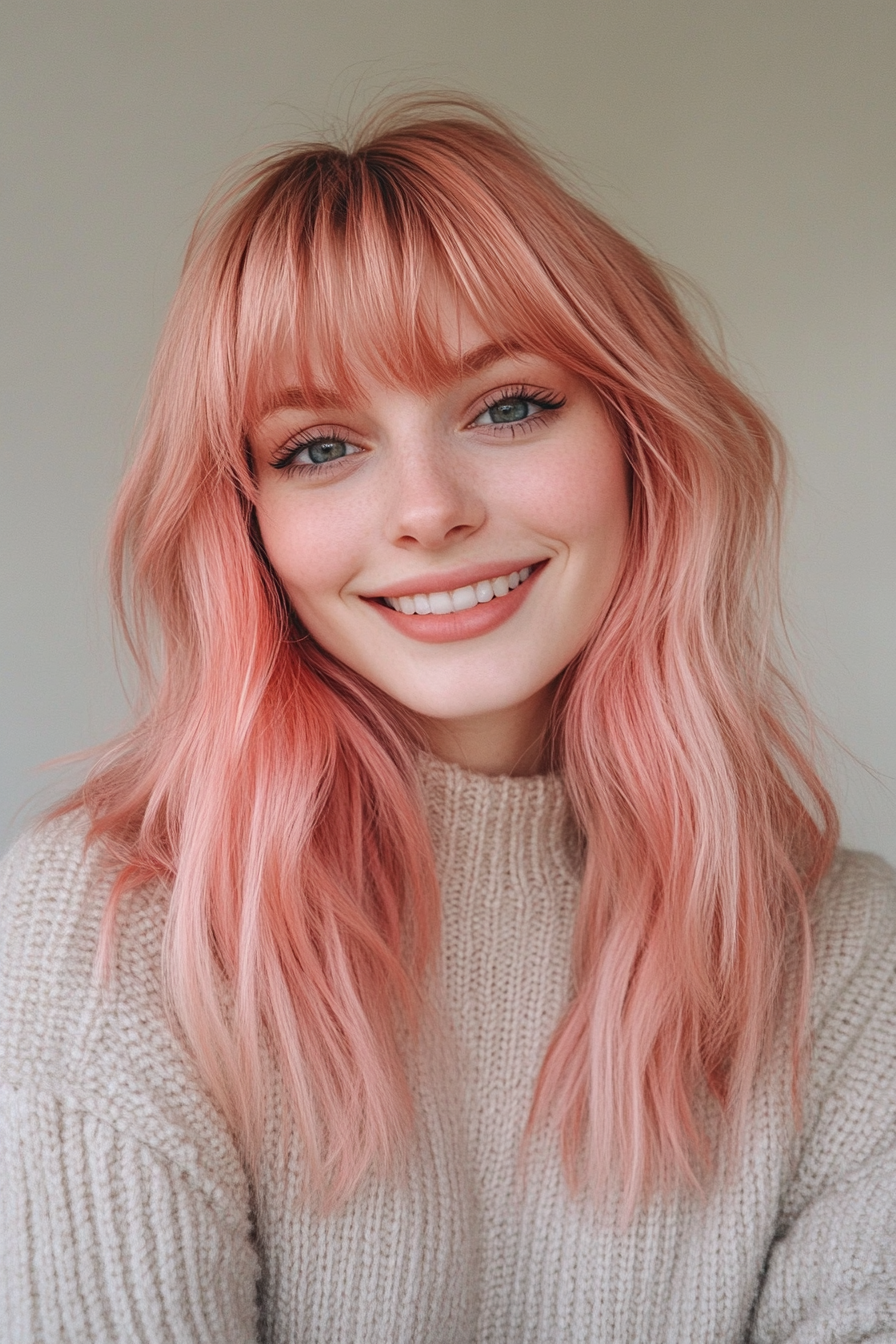 24. Blush Pink with Fanned-Out Layers (Long Layered Hair With Bangs) - Long Layered Hair With Bangs