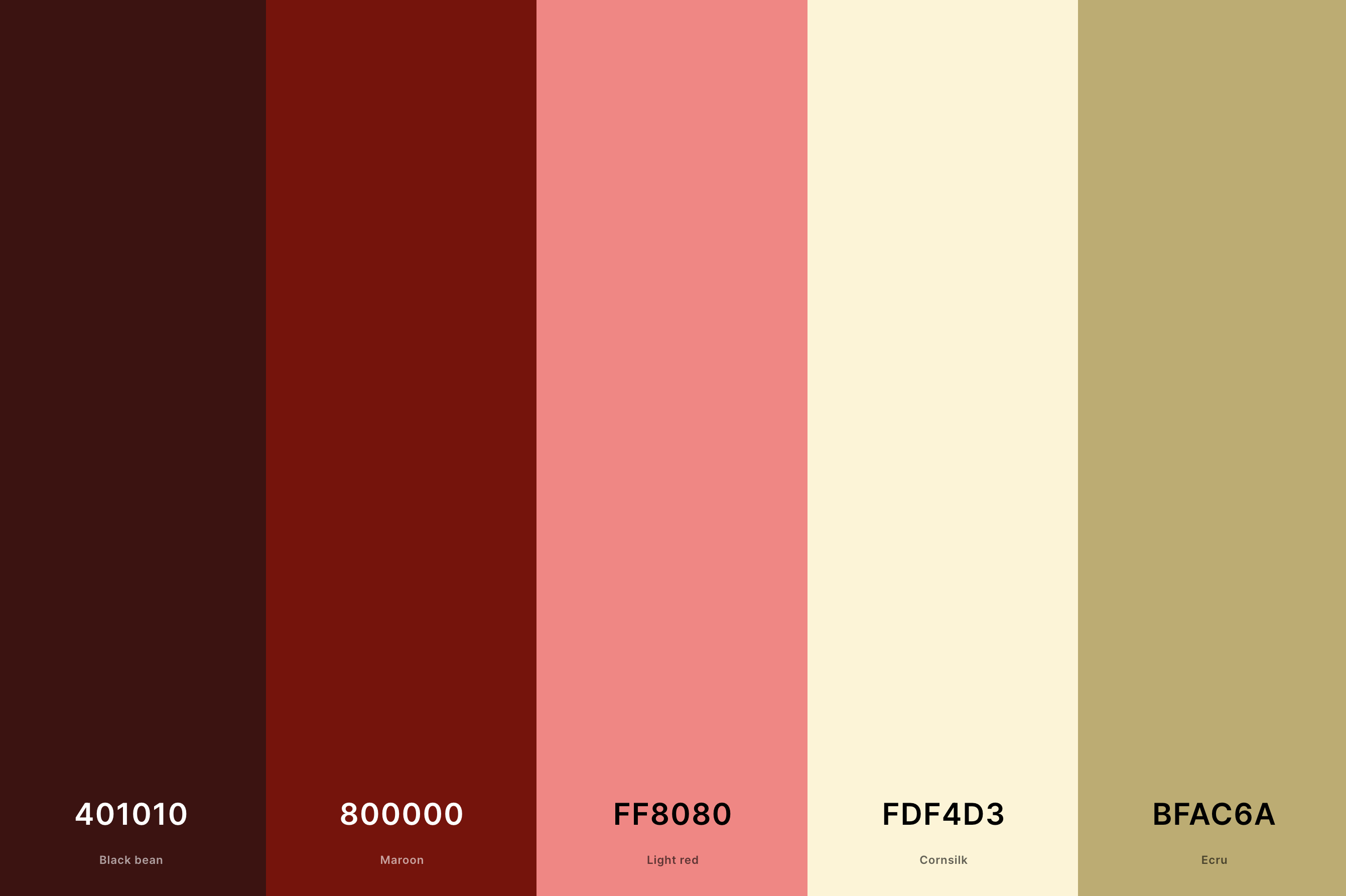 24. Cream And Maroon Color Palette Color Palette with Black Bean (Hex #401010) + Maroon (Hex #800000) + Light Red (Hex #FF8080) + Cornsilk (Hex #FDF4D3) + Ecru (Hex #BFAC6A) Color Palette with Hex Codes
