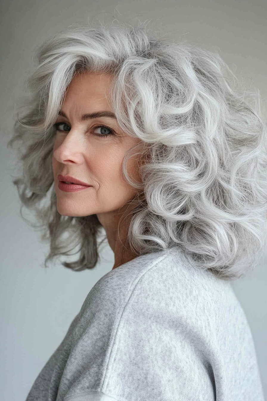 24. Curly Silver Lob with Defined Curls (Medium Length Hairstyles For Older Women) - Medium Length Hairstyles For Older Women