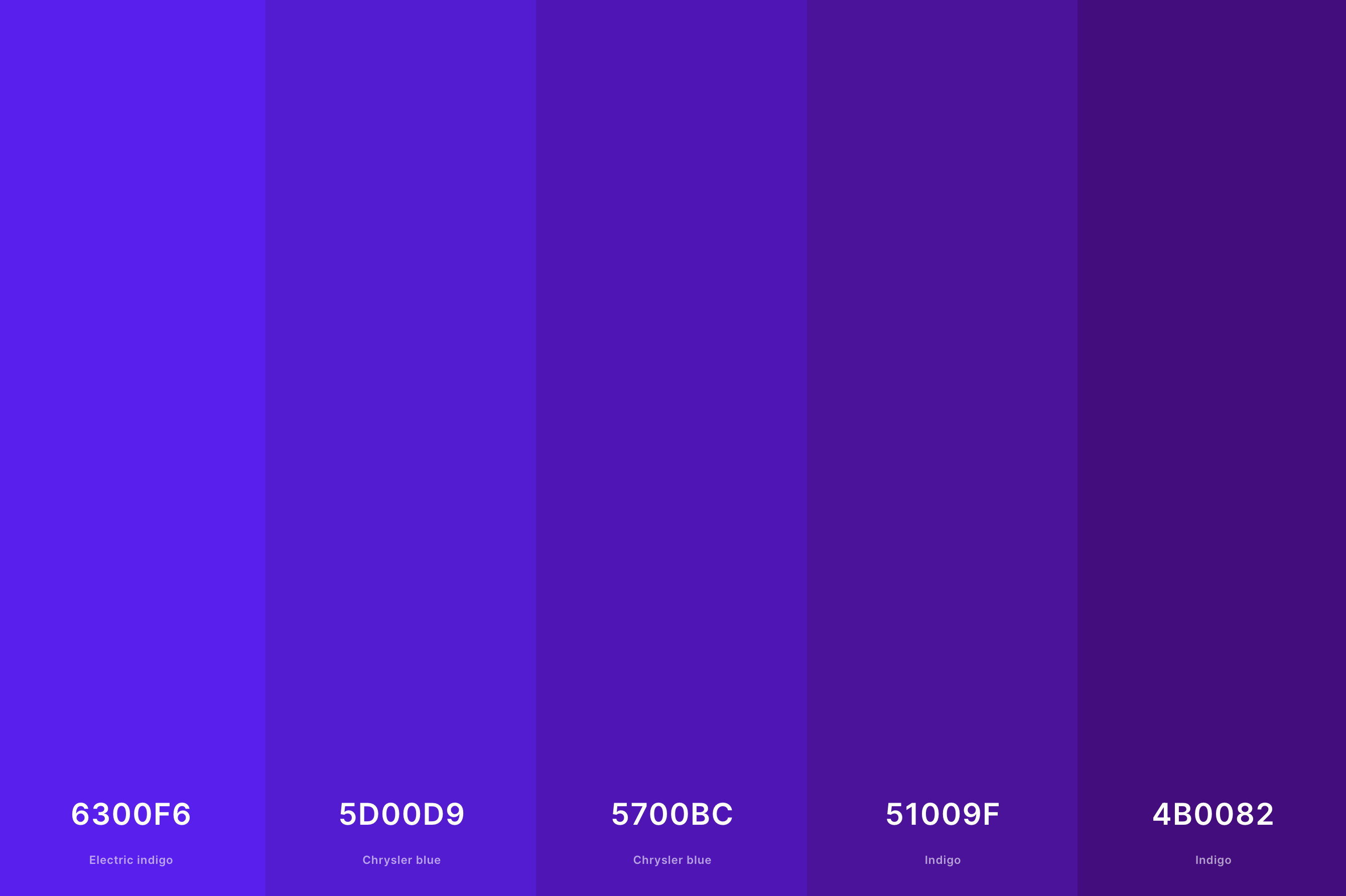 24. Electric Indigo Color Palette Color Palette with Electric Indigo (Hex #6300F6) + Chrysler Blue (Hex #5D00D9) + Chrysler Blue (Hex #5700BC) + Indigo (Hex #51009F) + Indigo (Hex #4B0082) Color Palette with Hex Codes