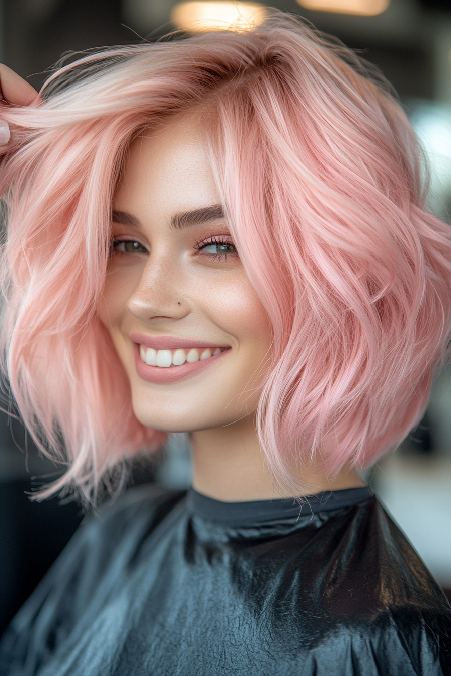 24. Frizzy Hair Lob with Soft Pastel Pink (Short Hairstyles For Thick Hair) - Short Hairstyles For Thick Hair