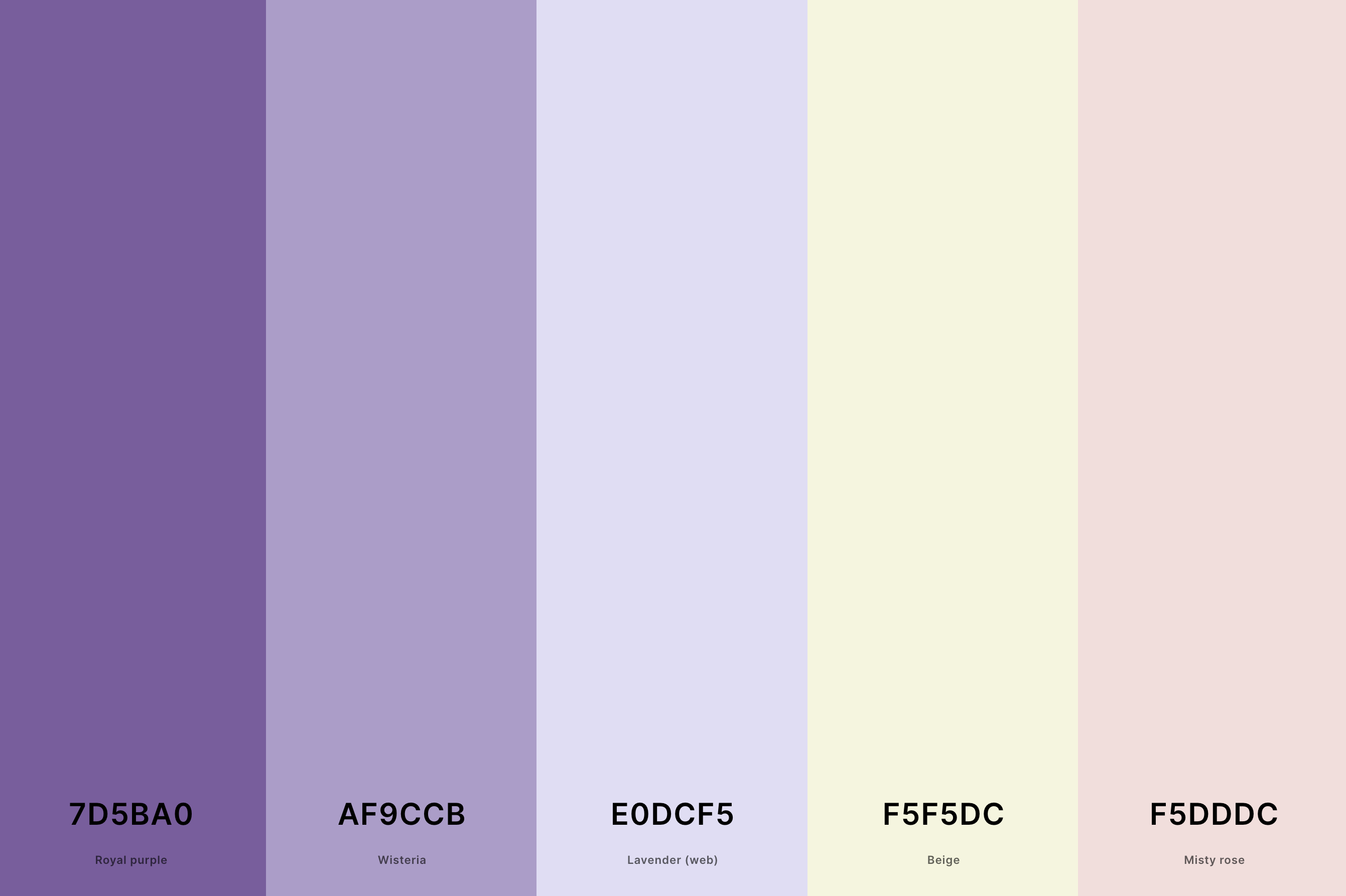 24. Lavender And Beige Color Palette Color Palette with Royal Purple (Hex #7D5BA0) + Wisteria (Hex #AF9CCB) + Lavender (Web) (Hex #E0DCF5) + Beige (Hex #F5F5DC) + Misty Rose (Hex #F5DDDC) Color Palette with Hex Codes